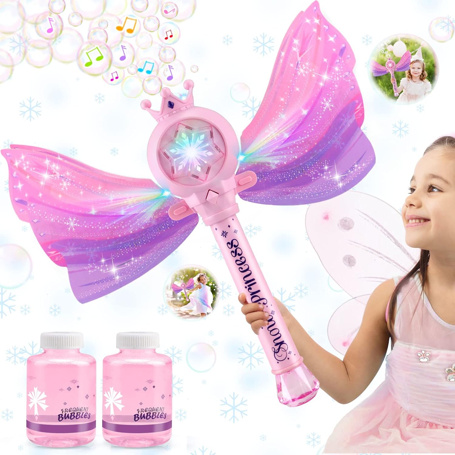 Bubble Wand for Kids, LED Light Music Bubble Toys Girl Gifts Age 3+ | 3 AA Batteries & 2 Bubble Solutions, Outdoor Party Birthday Gift for Girls 3-8, Bubble Machine for kids, Princess Toys, Pink