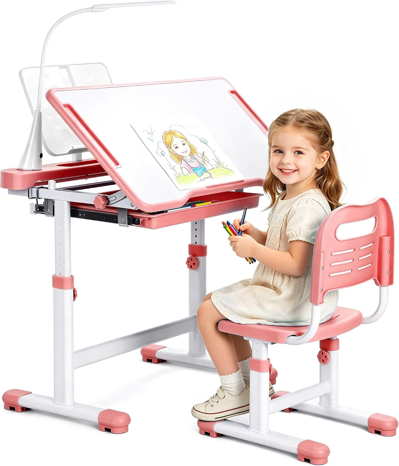 Kids Desk and Chair Set, Height Adjustable Children School Functional Study Desk with 55° Tiltable Desktop, 3 Modes & Brightness LED Light, Storage Drawer & Metal Hook for Boys Girls (Pink)