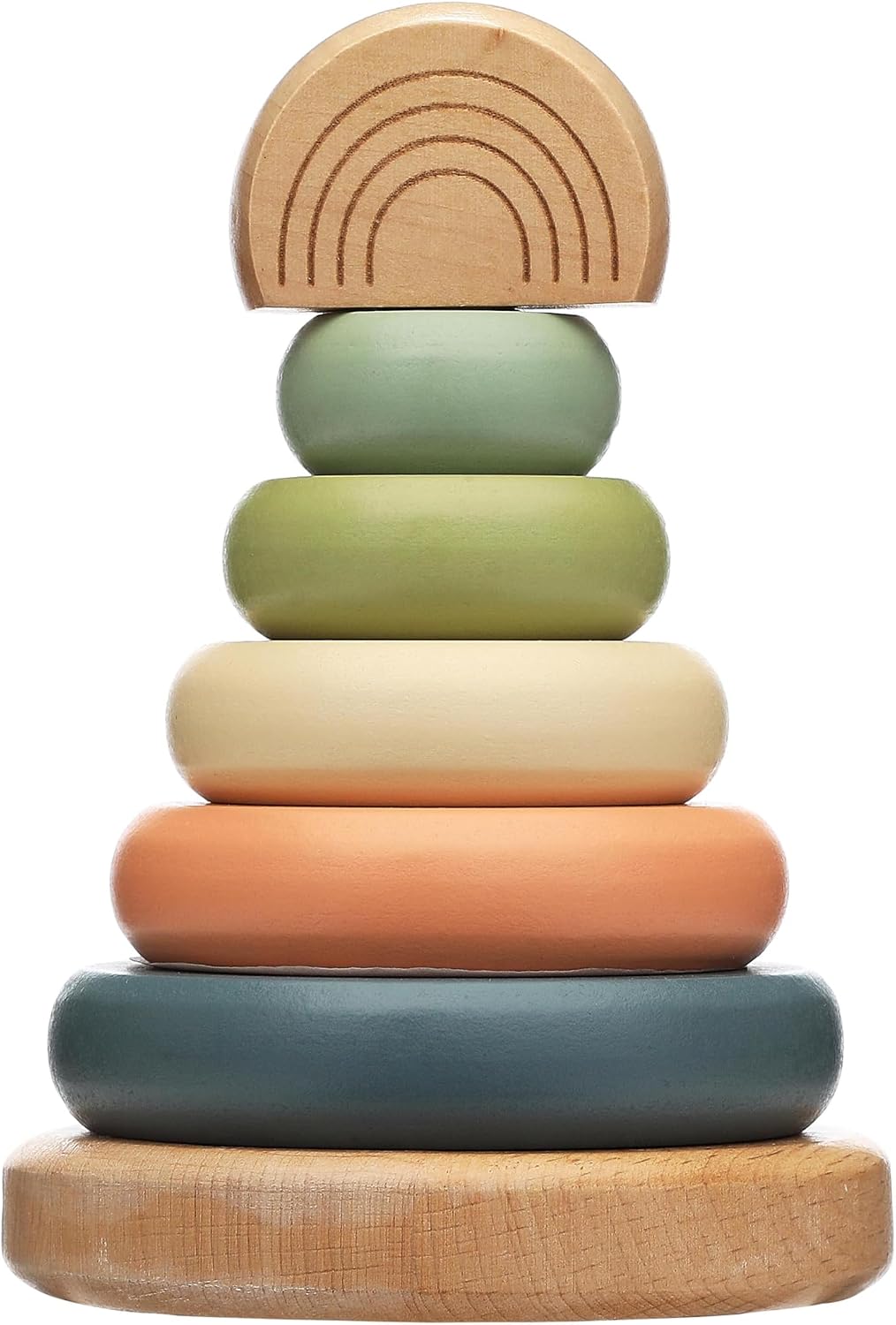 Pearhead Wooden Rainbow Stacking Ring Toy, Montessori Baby Stacker | Neutral Color Sorting Rings, Fine Motor Play, Hand-Eye Coordination, Nursery Decor, Baby or Toddler Gift, Ages 12M+