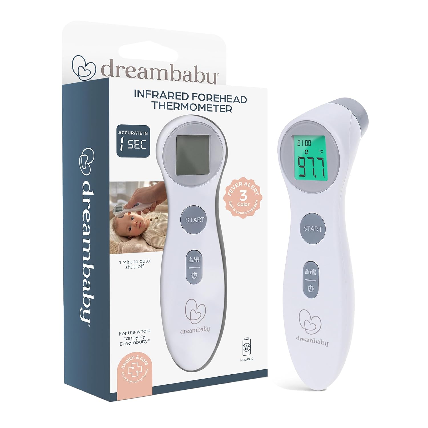 Dreambaby Infrared Forehead Thermometer – No Contact Digital Baby Thermometer for Infants, Kids & Adults – Color Fever Alert, Sound Alert, 10 Memory Recall & Batteries Included