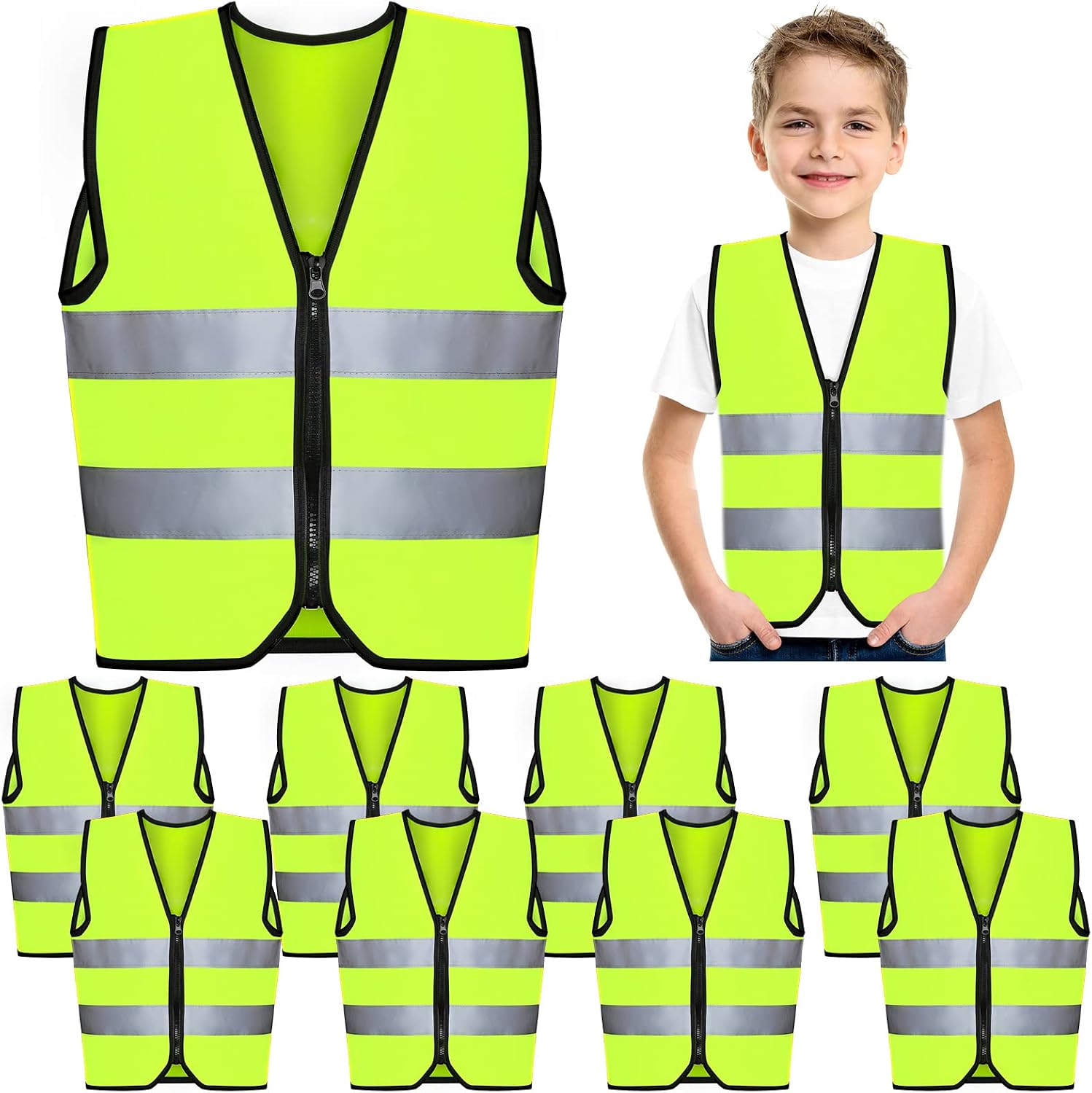 Unittype10 Pcs Kid High Visibility Vest Reflective Strip | Children’s Neon Construction Vests with Zipper for Toddler Worker Costume Traffic, Cycling Running Skiing, Ages for 3-10