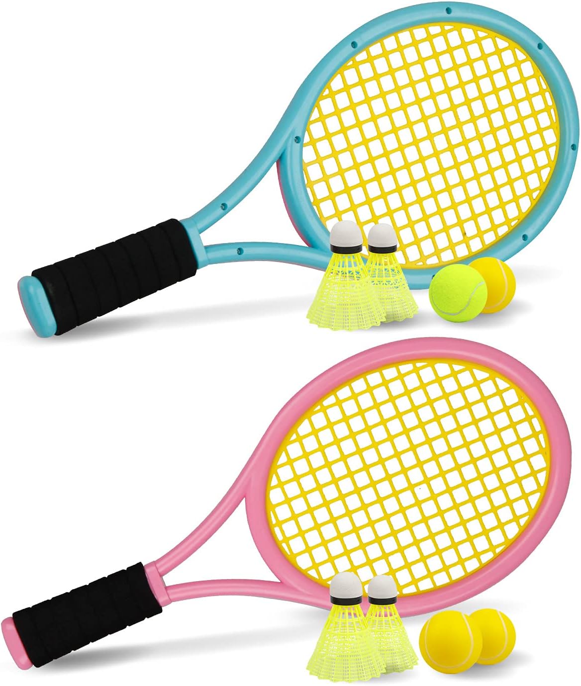 17 Inches Kid Tennis Racket Set for Children Indoor Outdoor Sports Play | Sponge Handle Plastic Racquet with 3 Soft Balls,1 Tennis Ball and 4 Badminton Balls for Toddler Sports , Small Size