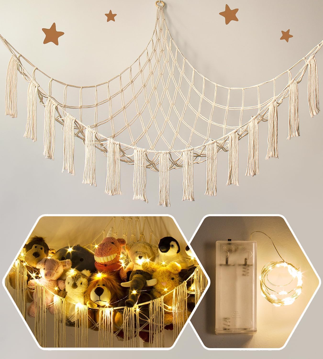 Stuffed Animal Storage Hammock Corner X-Large with LED Light – Baby Hammock Hanging Holder Plushies Net for Stuff Animals Organizer – Cute Room Decor Aesthetic Kids Toddler Nursery Bedroom Boho