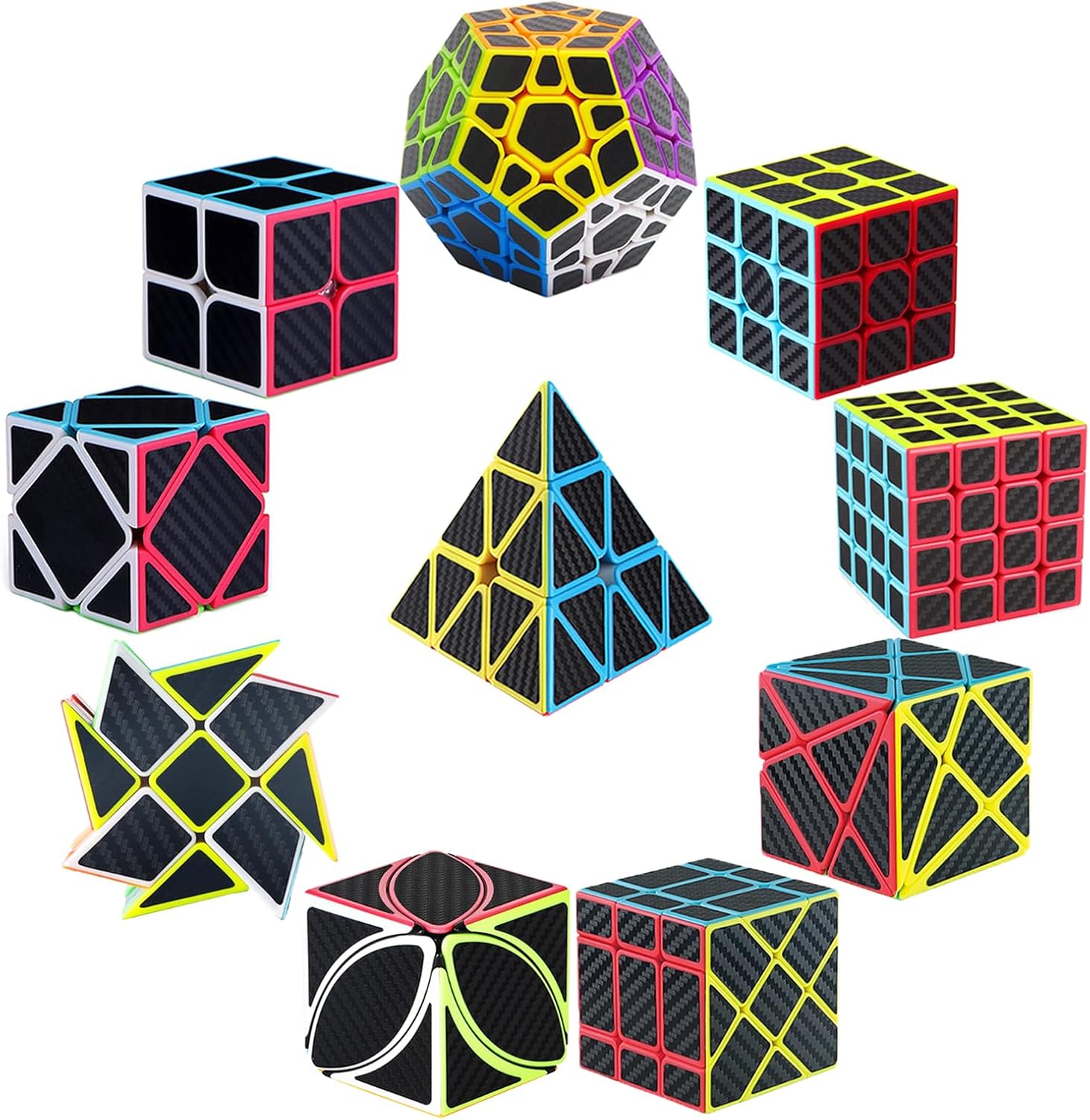 Roxenda Speed Cube Set of 10 – 2×2 3×3 4×4 Skew Ivy Axis Fisher Megaminx Pyramid and Windmill – Carbon Fiber Sticker Magic Collection, Educational Toys for Children and Adults
