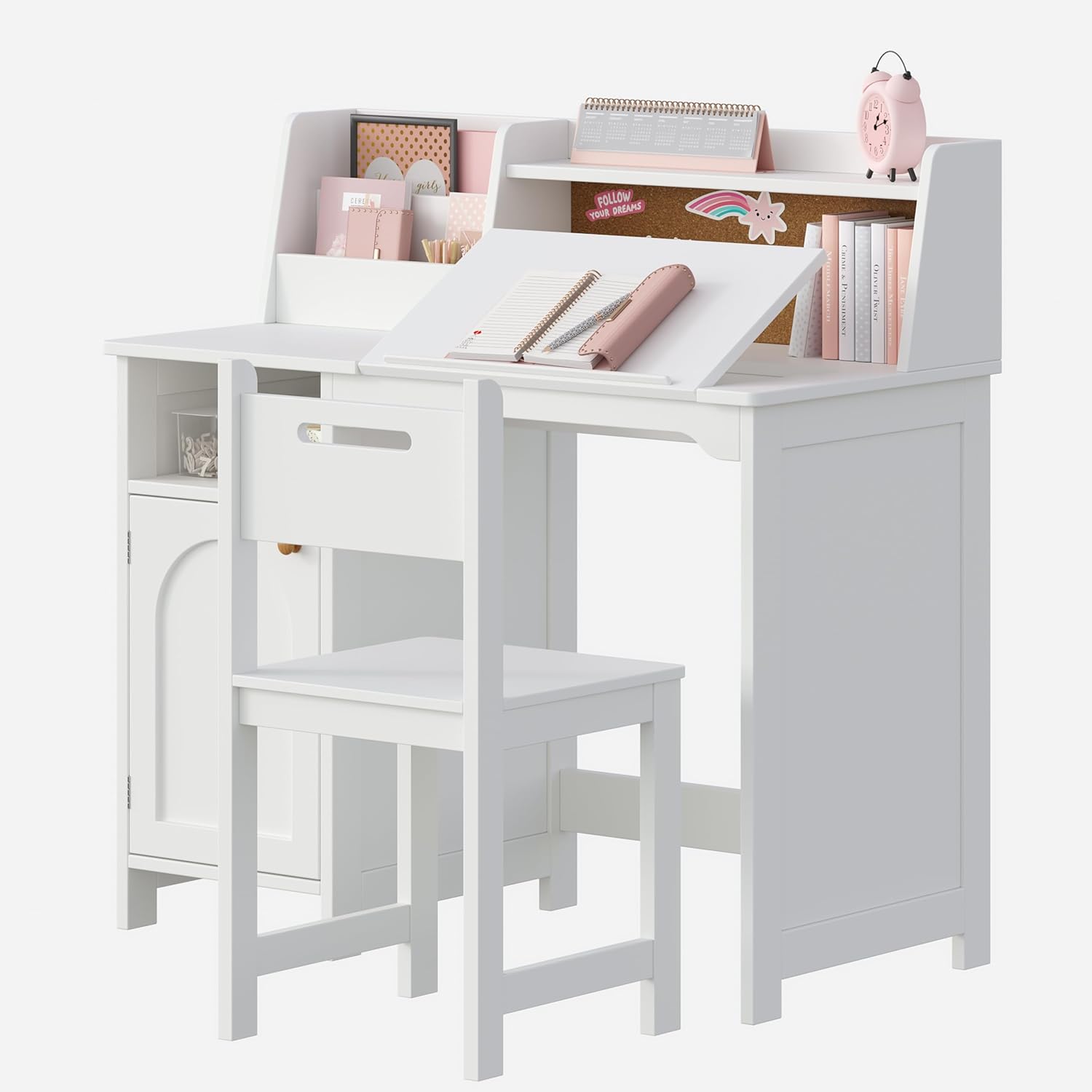 Treocho Kids Study Desk and Chair Set with Tiltable Desktop for 3-8 Years | Wooden Children Study Table With Storage Cabinet and Hutch, Student Writing Desks Bedroom, Home School, White