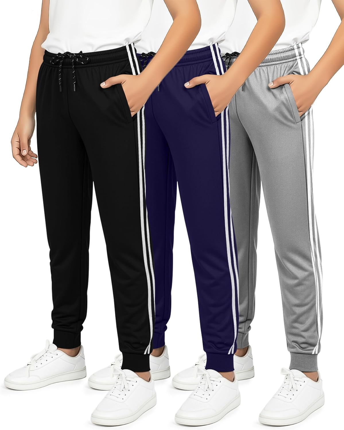 3 Pack Boys’ Mesh Joggers Sweatpants Athletic Sweats Pants Pockets Kids | Available In Sizes 4-18, Elastic Waist, Drawstring, Cuffed, Quick Dry, Basketball, Track, Running, Practice, Gym, Youth