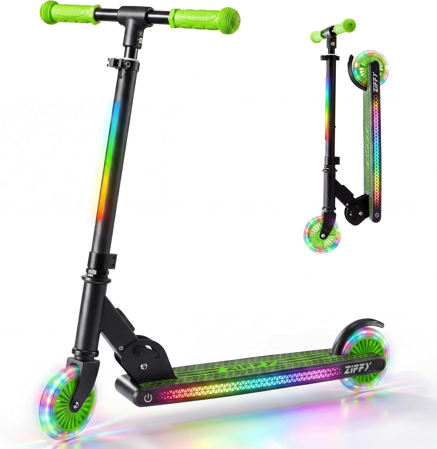 JOVA ZIFFY Light Up Scooter for Kids 3-12, 2 Wheel Foldable Kids Kick Scooter, 3 Adjustable Height, ABEC-7 Bearing with 4” PU Wheels, Rear Foot Brake, Gift for Boys& Girls (Up to 110lb)