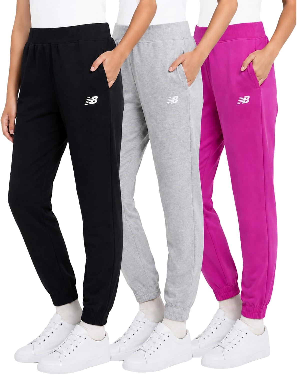 New Balance Girls Sweatpants 3-Pack, Soft Cotton Blend Fleece Joggers, 4-16 | Elastic Waistband, Side Pockets, 3-Pack Value, Active Performance Jogger Pants, Premium Kids Clothes