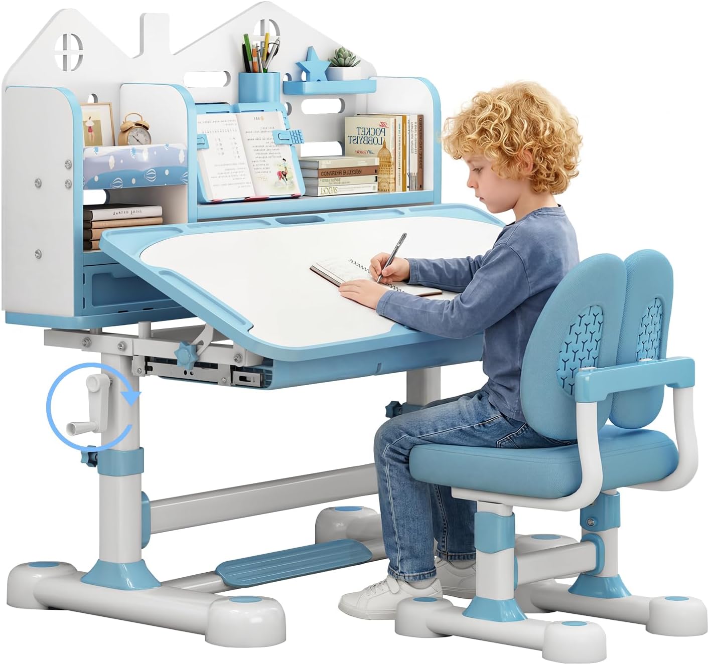 Kids Desk and Chair Set, Adjustable Art Desk 50° Tilt (Blue) | Hand crank height adjustment grows with kids ages 3-12| 0-50° tilting desktop for writing, drawing, reading and homework