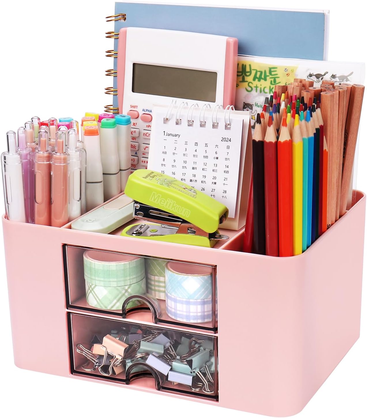 Meiikun Plastic Pen Organizer, Multifunctional Desk Organizer with 2 Drawers, 4 Compartments & a Top Tray, Pencil Holder Desktop Organizers and Accessories for Office, 7.7″ x 5.5″ x 3.9″ (Pink)