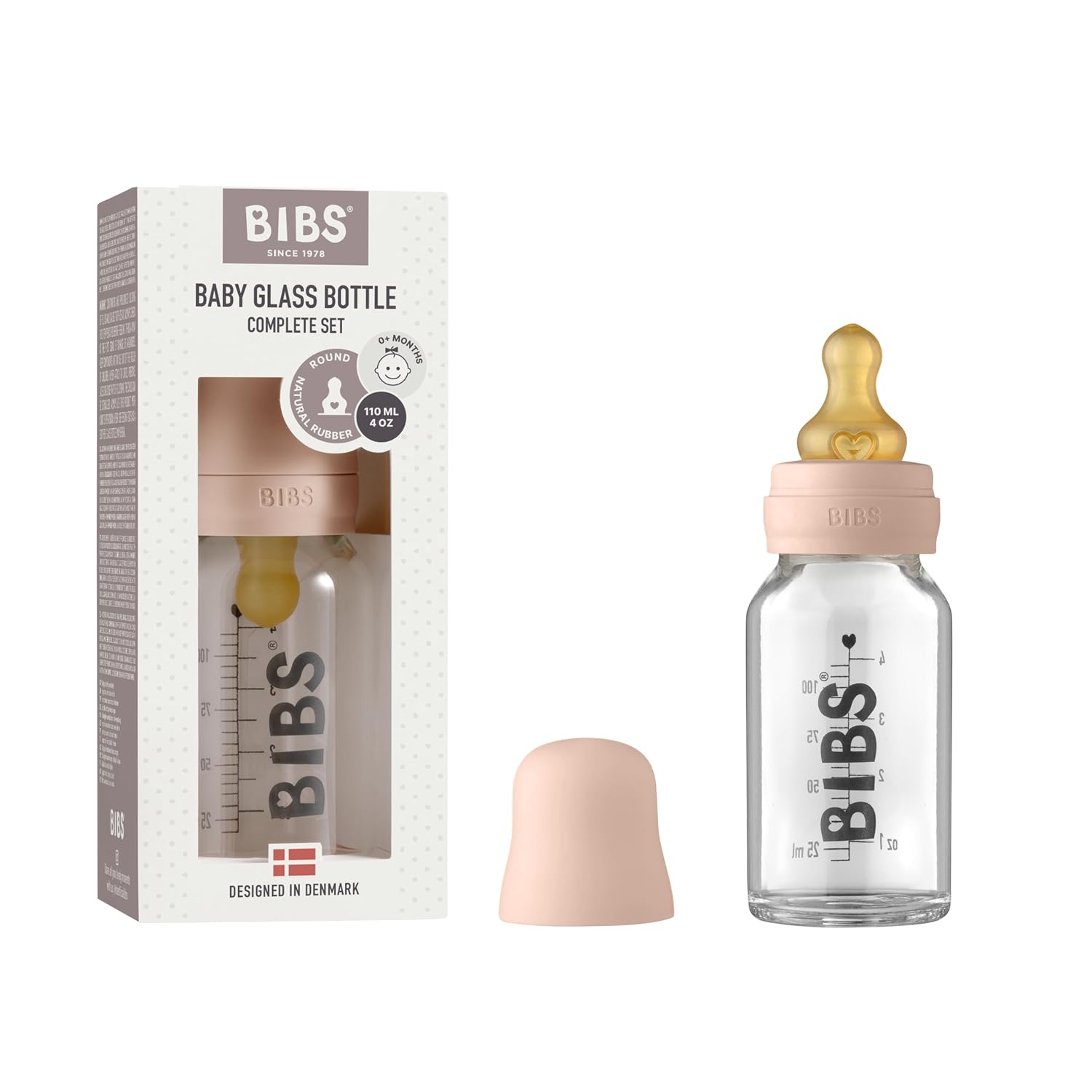 BIBS Baby Glass Bottle Complete Set 110 ml | BPA Free Natural Rubber | Made in Denmark | Blush | Borosilicate Glass | Anti-Colic | BPA-Free | Dishwasher Safe | Supports Natural Feeding