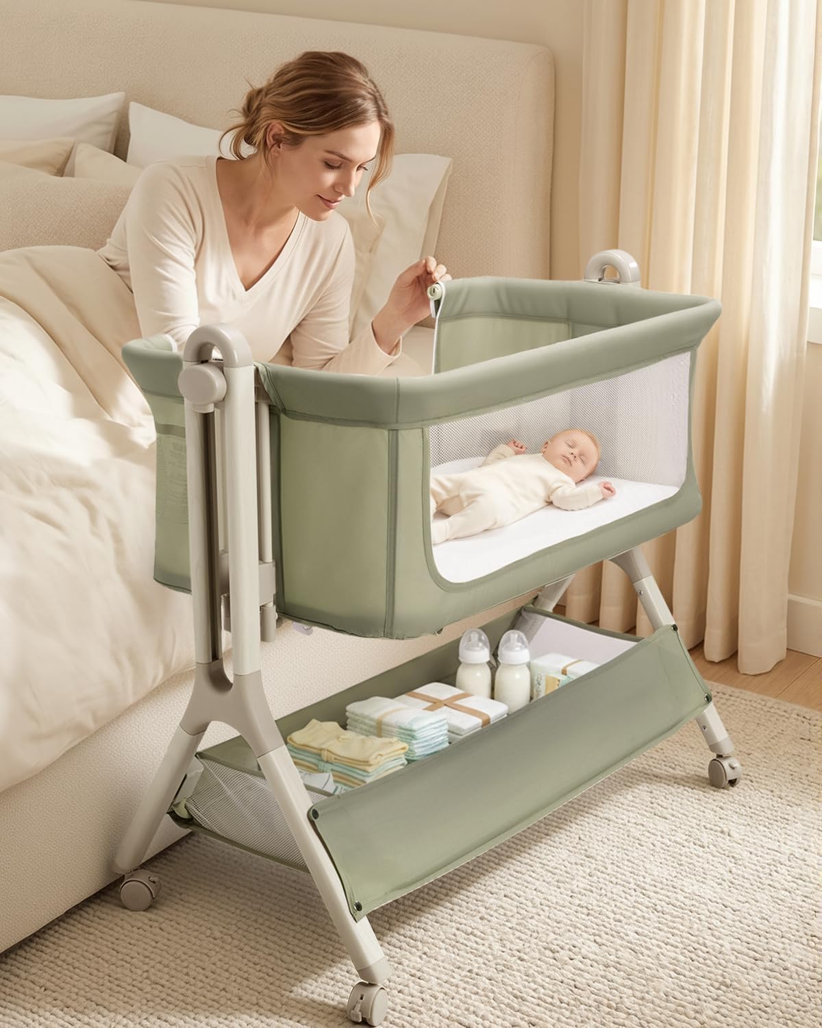 Uuoeebb Baby Bassinet, 3 in 1 Bedside Bassinet for Baby, Breathable Mesh | Bassinet Bedside Sleeper with Comfy Mattress and Wheels, 8 Height Adjustable Easy Folding Portable Bedside Crib for Newborn