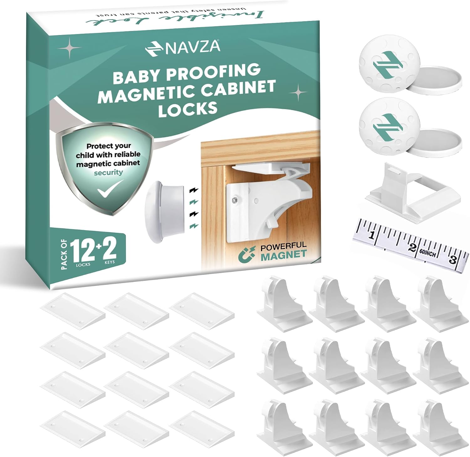 NAVZA® 12 Pack Magnetic Cabinet Locks Baby Proofing Set, Child Proof Cabinet Locks for Kitchen Cabinets, Drawers and Cupboards, 12 Hidden Adhesive Baby Proof Cabinet Locks with 2 Keys