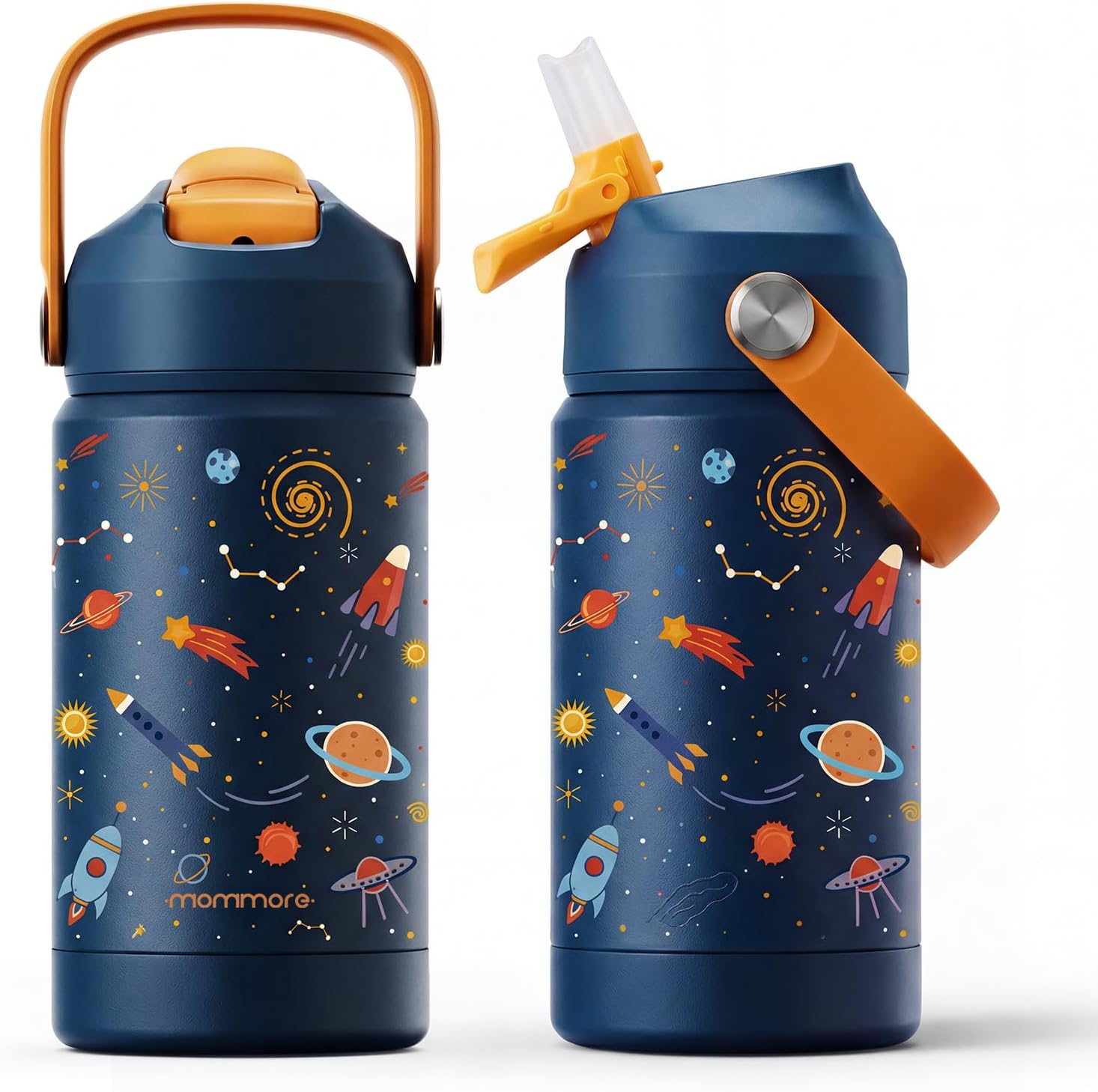Mommore 12oz Kids Insulated Water Bottle with Straw Lid, Universe | Vacuum insulated stainless steel small thermos with straw lid & soft rubber handle, leakproof design for school boys & girls