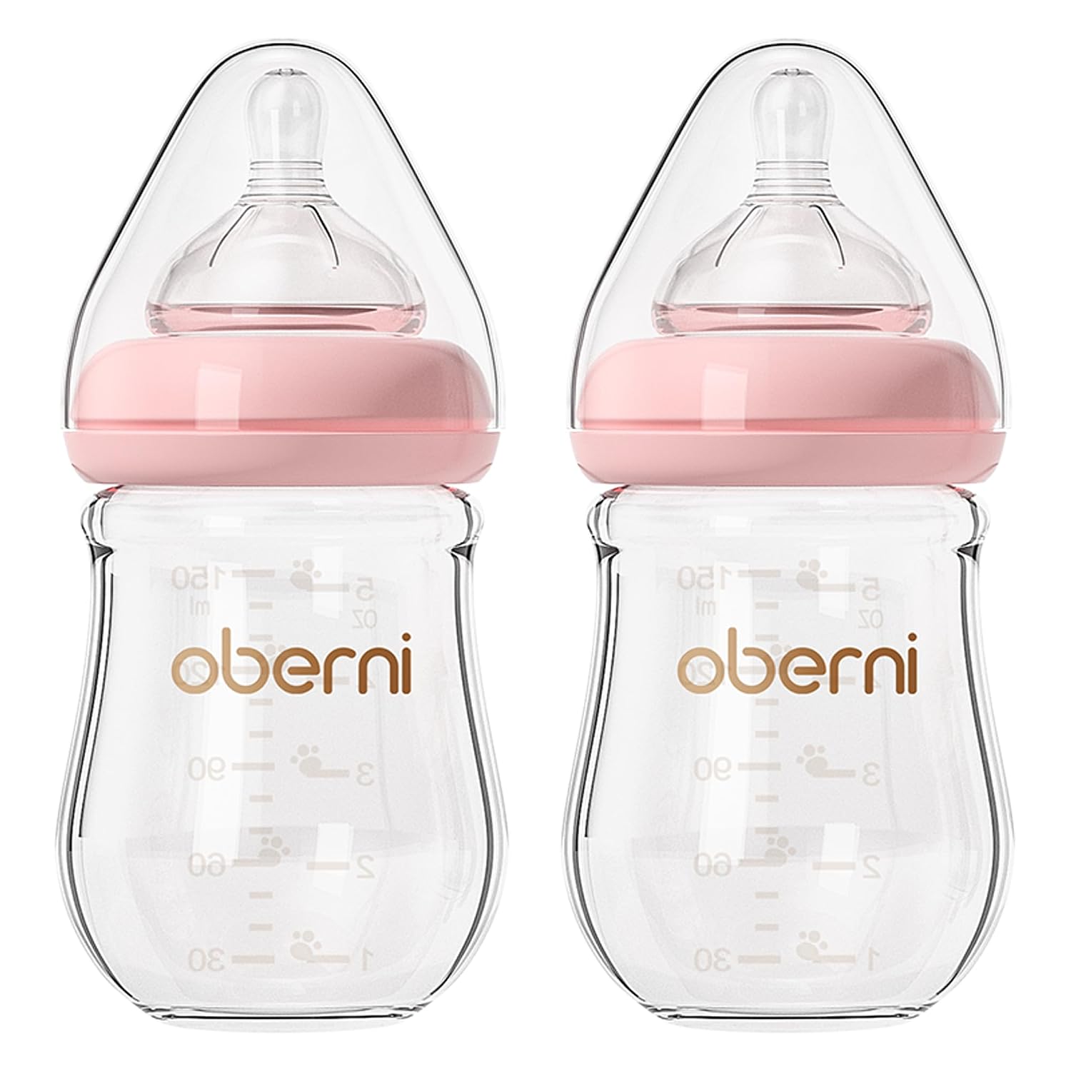 Oberni Glass Baby Bottles,Anti Colic Breastfeeding Bottle with Natural Response Nipple Size S,Wide Neck Slow Flow Baby Bottle for Baby,Newborn,Preemie 0-3 0-6 Month,BPA Free (Pink, 2 Pack, 5 Ounce)