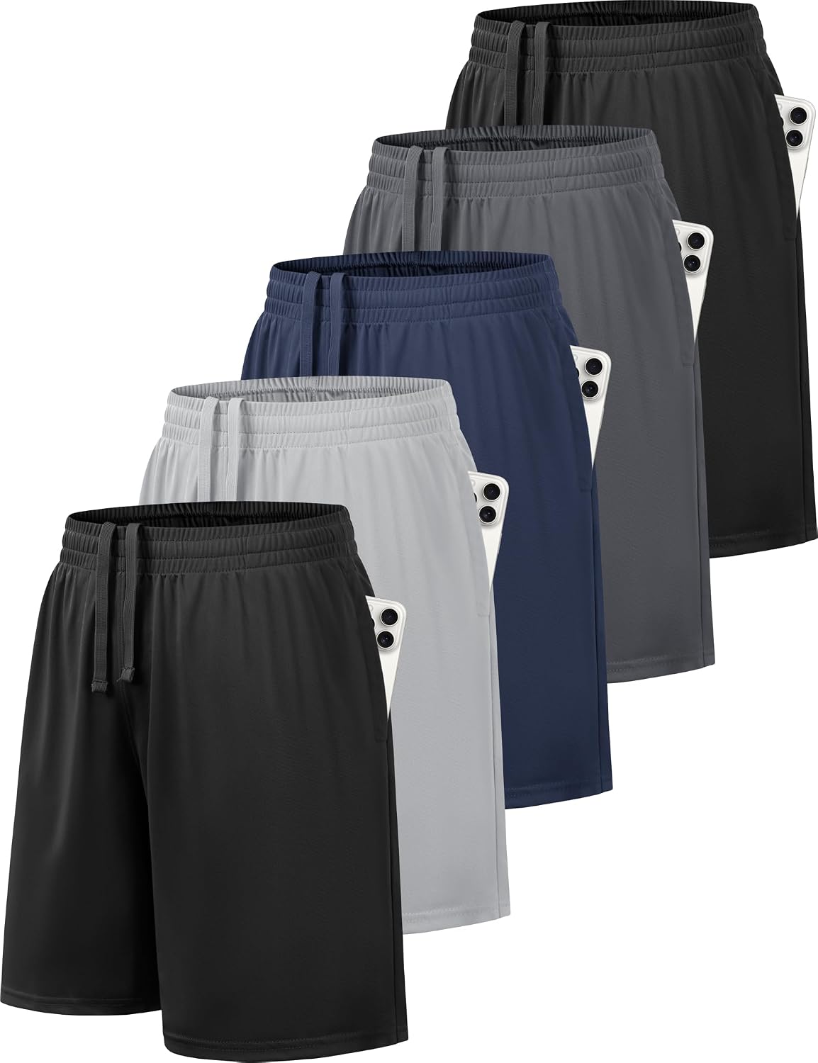 MLYENX 5 Pack Boys Athletic Shorts Basketball Quick Dry with Pockets | Moisture Wicking, Lightweight Breathable Fabric, Loose Fit, Elastic Waistband, Adjustable Drawstring, Sports & Outdoor Wear
