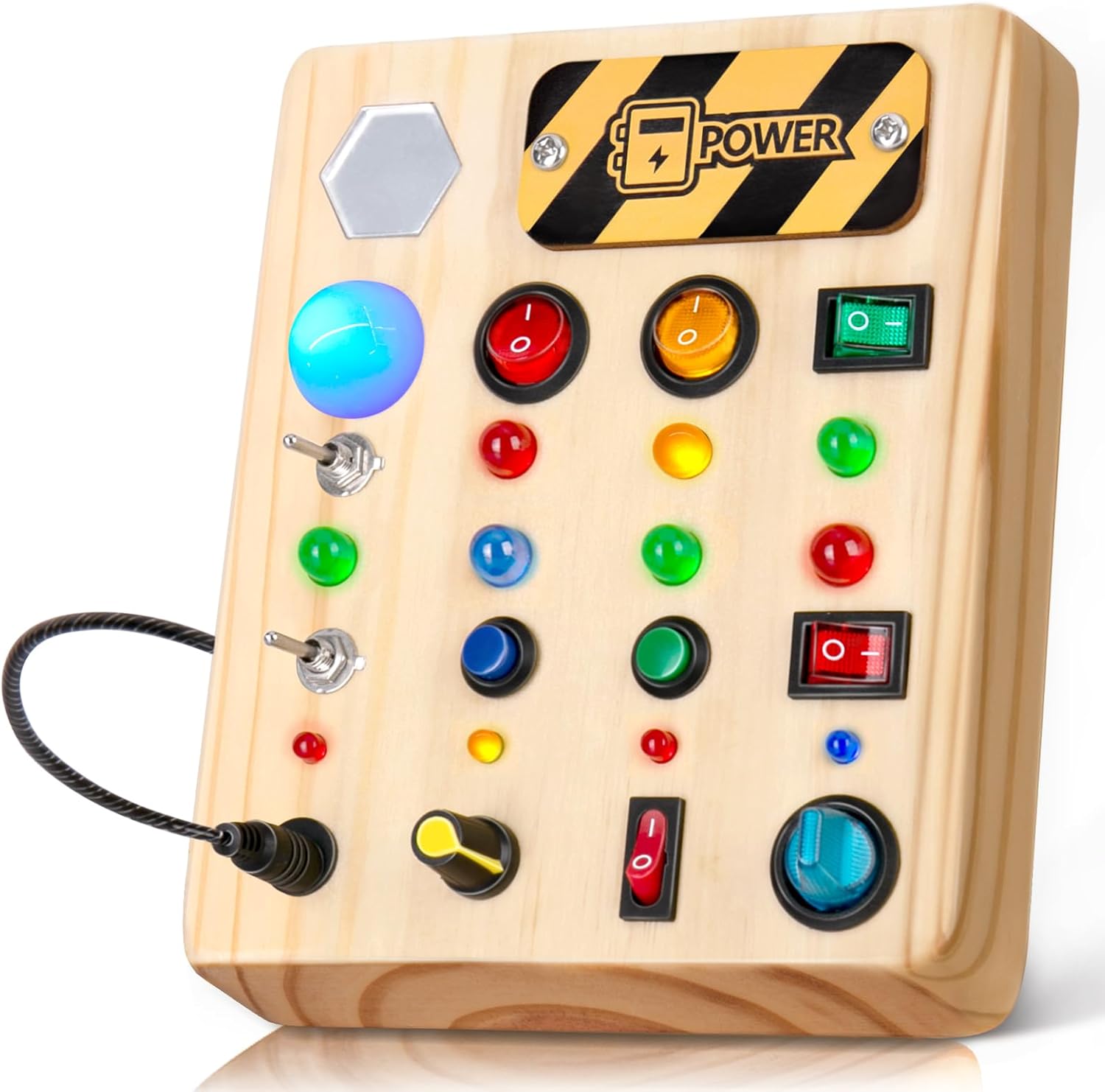 TINTECUSA Busy Board Montessori Toys for Toddler, Wooden Sensory Board Switch Toy with Shape Sorter LED Light Up Toys Educational Plane Travel Activity for Girls & Boys