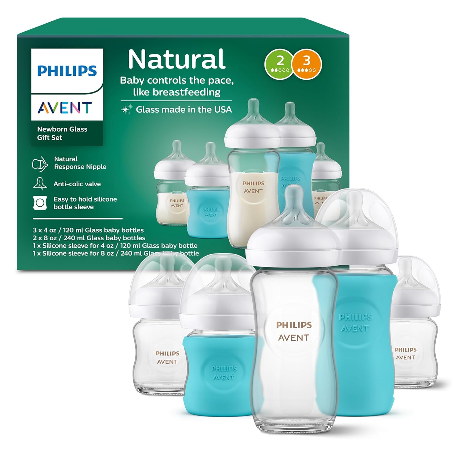 Philips Avent Glass Natural Bottle with Natural Response Nipple, Baby Gift Set, SCD858/01 | 3x 4oz & 2x 8oz Borosilicate Glass Bottles, Baby-Controlled Flow, No-Drip Design, Anti-Colic Valve, BPA-Free, SCD858/01
