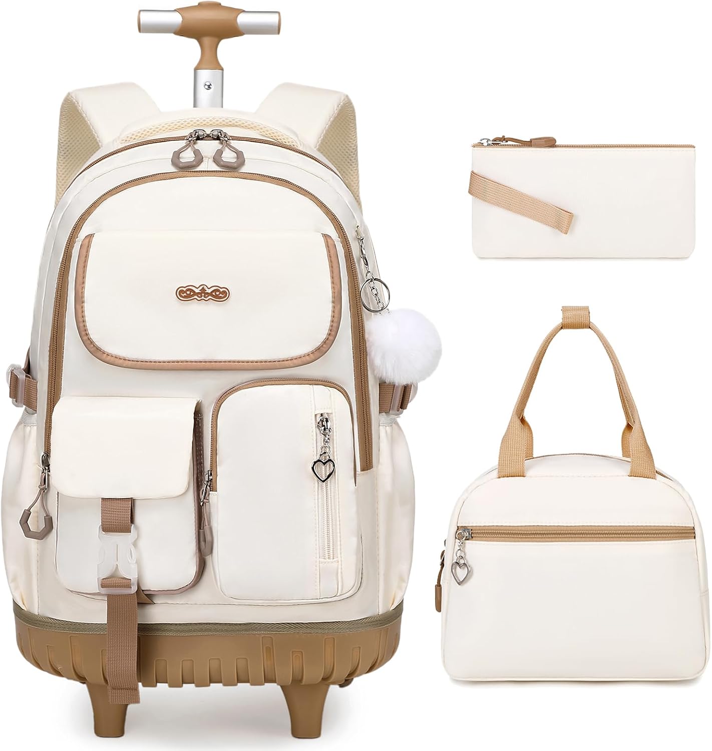 DIGOBAY Rolling Backpack for Girls Roller Backpack Lunch Bag Pencil Case | 3PCS School Roller Backpack School Bookbag with Wheels, for Teens Kids Elementary Middle High School Travel, Khaki