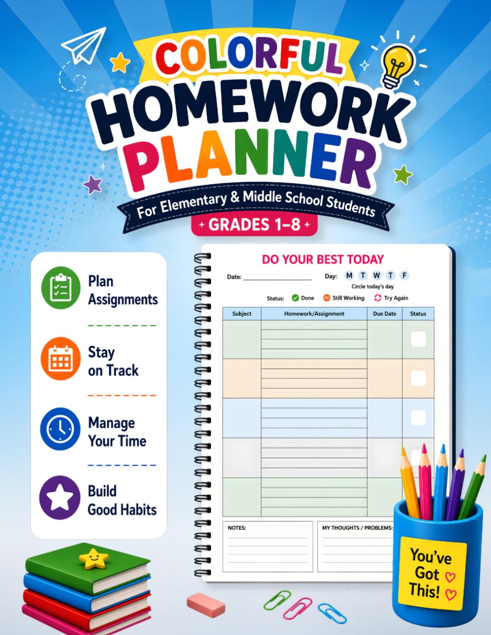 Homework Planner for Kids: Colorful Undated Assignment Tracker & Student Organizer for Grades 1–8: Weekly Assignment Notebook for Elementary & Middle … to Build Organization & Good Study Habits