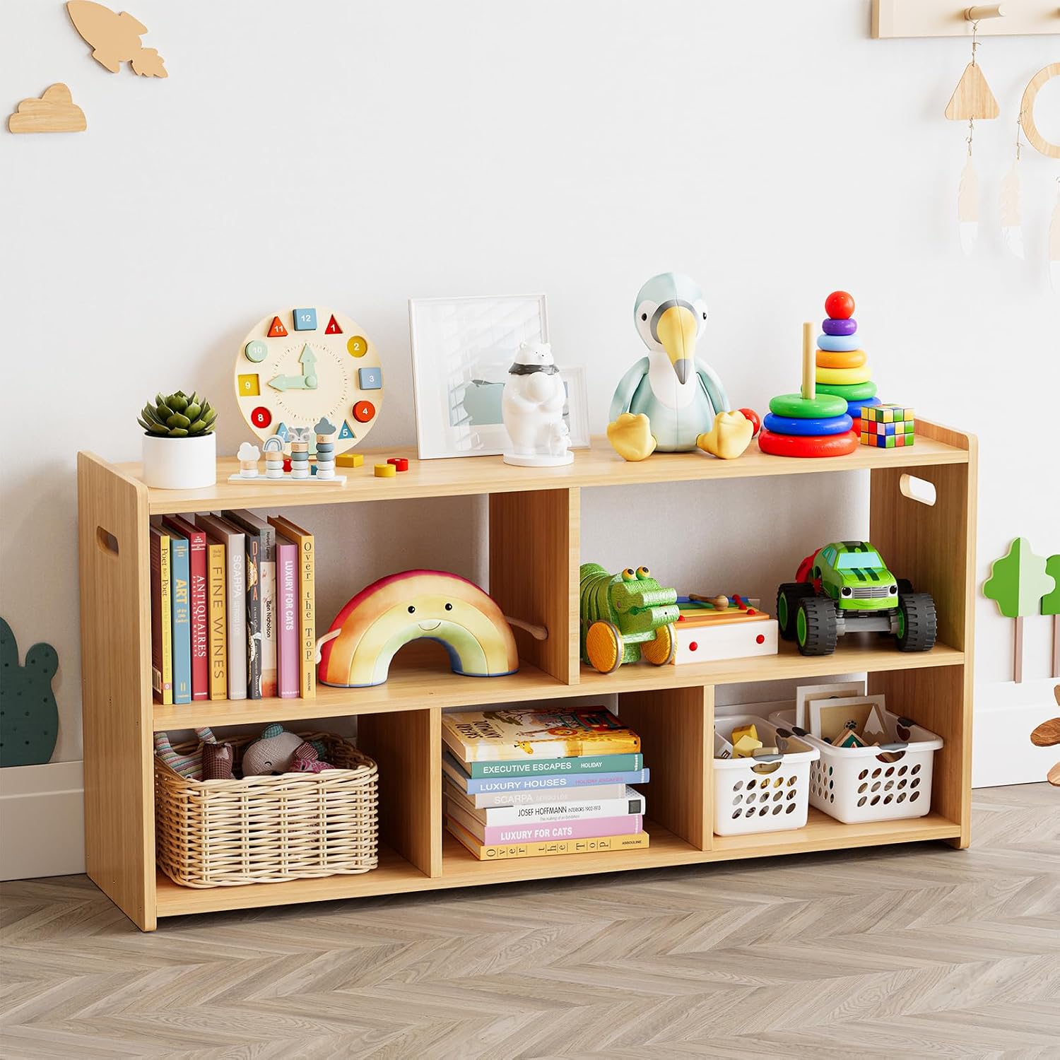SpaceAid 5-Compartment Bookshelf, Montessori Bookcase for Toddlers, Wooden Book Shelf Organizer Storage Furniture for Kids Rooms, Playroom, Nursery and Classroom, 44.5“ Wide, Natural