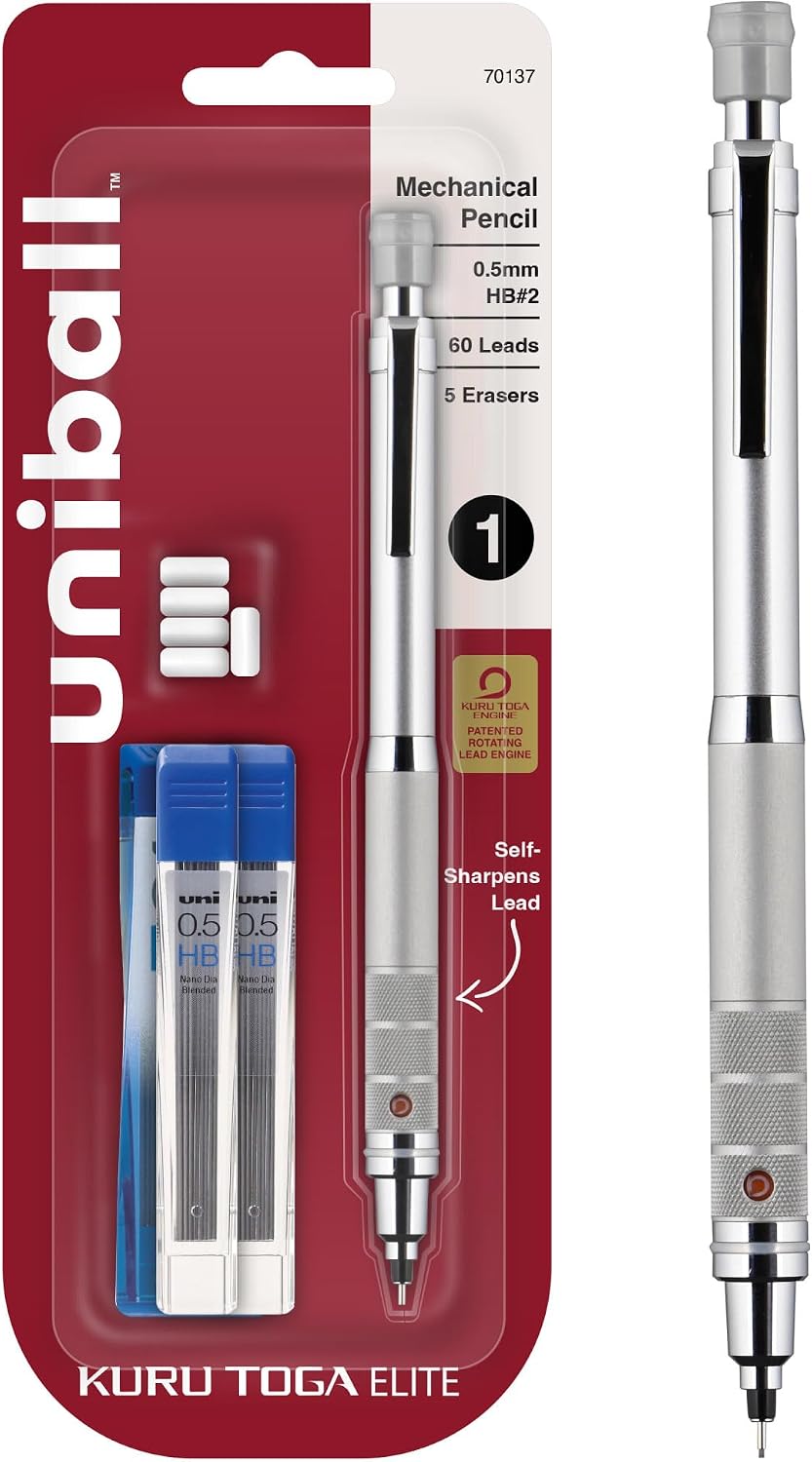 uniball™ Kuru Toga Elite Mechanical Pencil Kit, 0.5mm, HB, Silver, 1 Pack | Rotating lead engine keeps tip sharp, diamond-infused No. 2 lead for dark marks, knurled grip, replaceable eraser, refillable