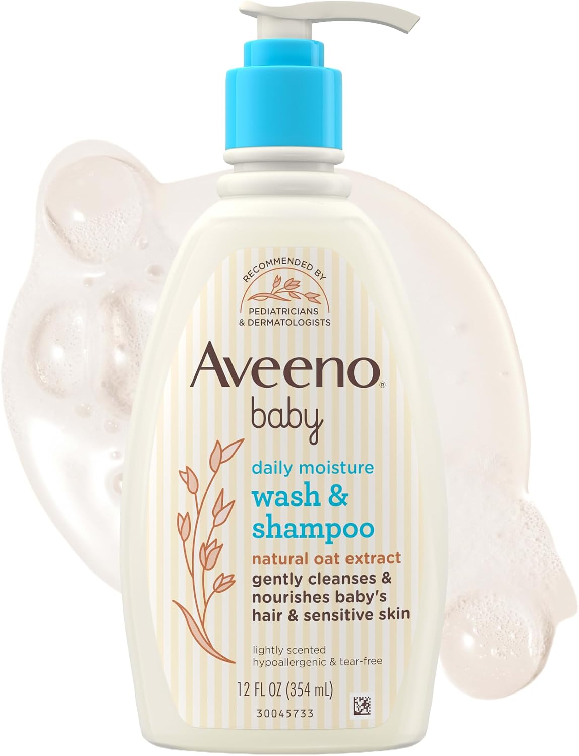 Aveeno Baby Daily Moisture Wash & Shampoo, Tear-Free, 12 fl. oz | 2-in-1 Baby Wash and Hair Shampoo with Oat Extract, For Sensitive Skin and Hair, No Added Parabens