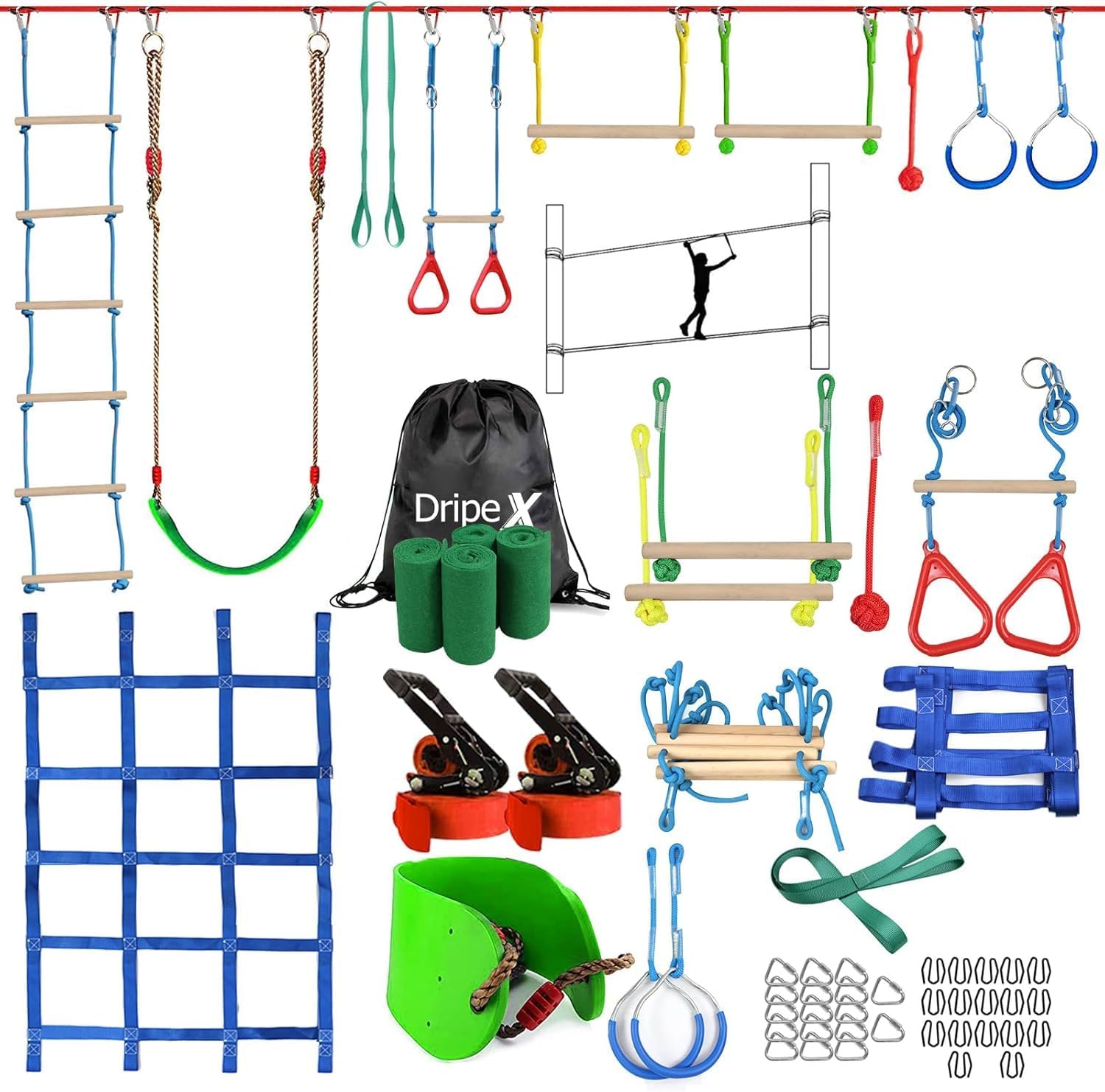 Dripex 65FT Ninja Warrior Obstacle Course for Kids – Double Longest Slacklines with 10 Most Complete Accessories for Kids, Swing, Trapeze Swing, Rope Ladder, Obstacle Net Plus 1.2M Arm Trainer