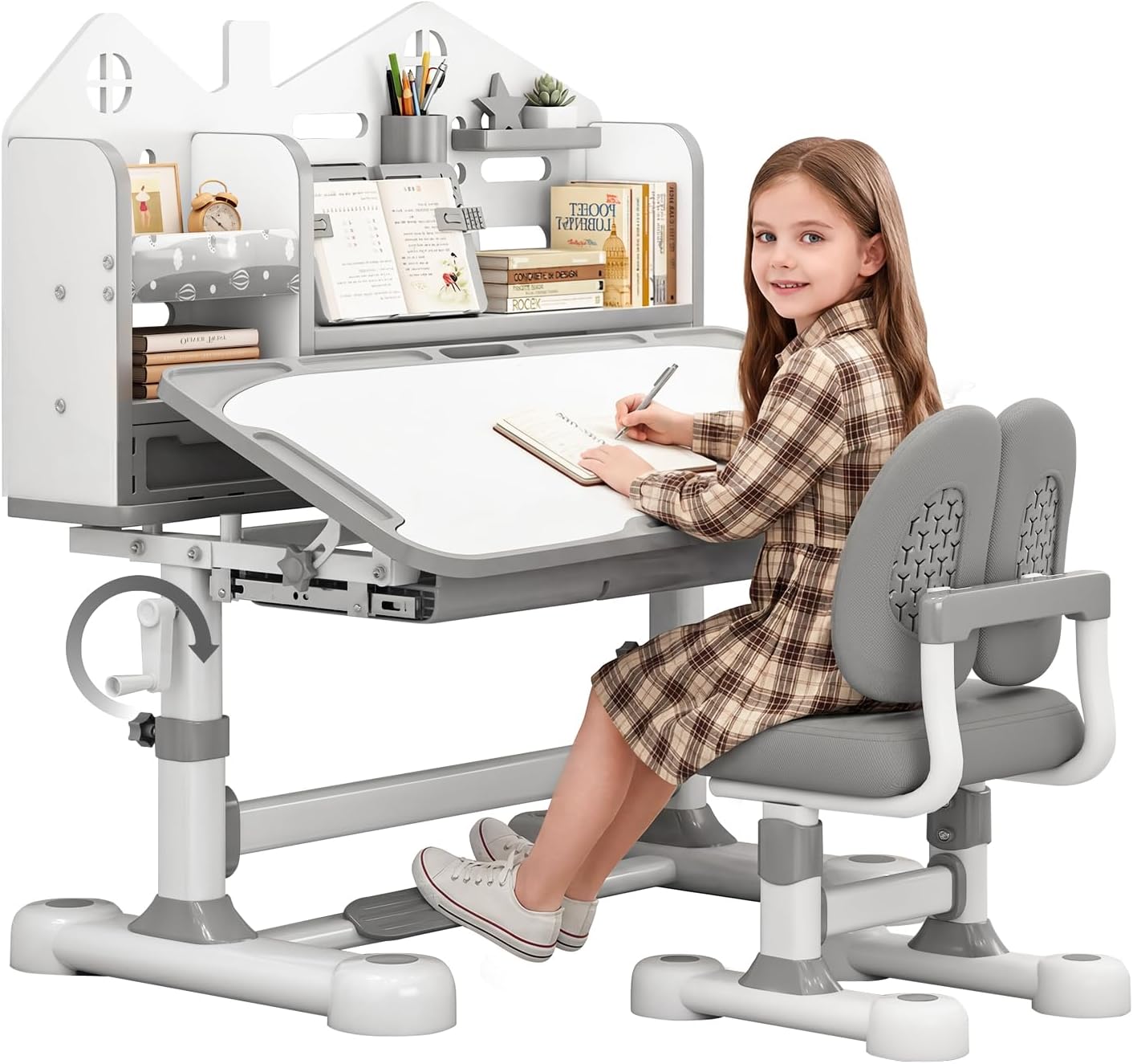 Kids Desk and Chair Set, Hand Crank Adjustable Tilt Desk (Grey) | Hand crank height adjustment grows with kids ages 3-12| 0-50° tilting desktop for writing, drawing, reading and homework