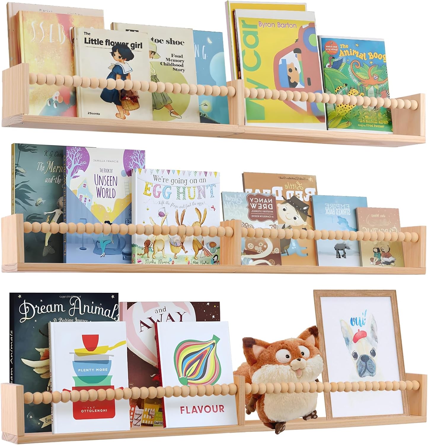 birola Nursery Shelves with Beads Design – 32 Inches Wall Book Shelves Set of 3, Space-Saving Nursery Book Shelves for Kids Room, Bedroom and Study Room(Natural)