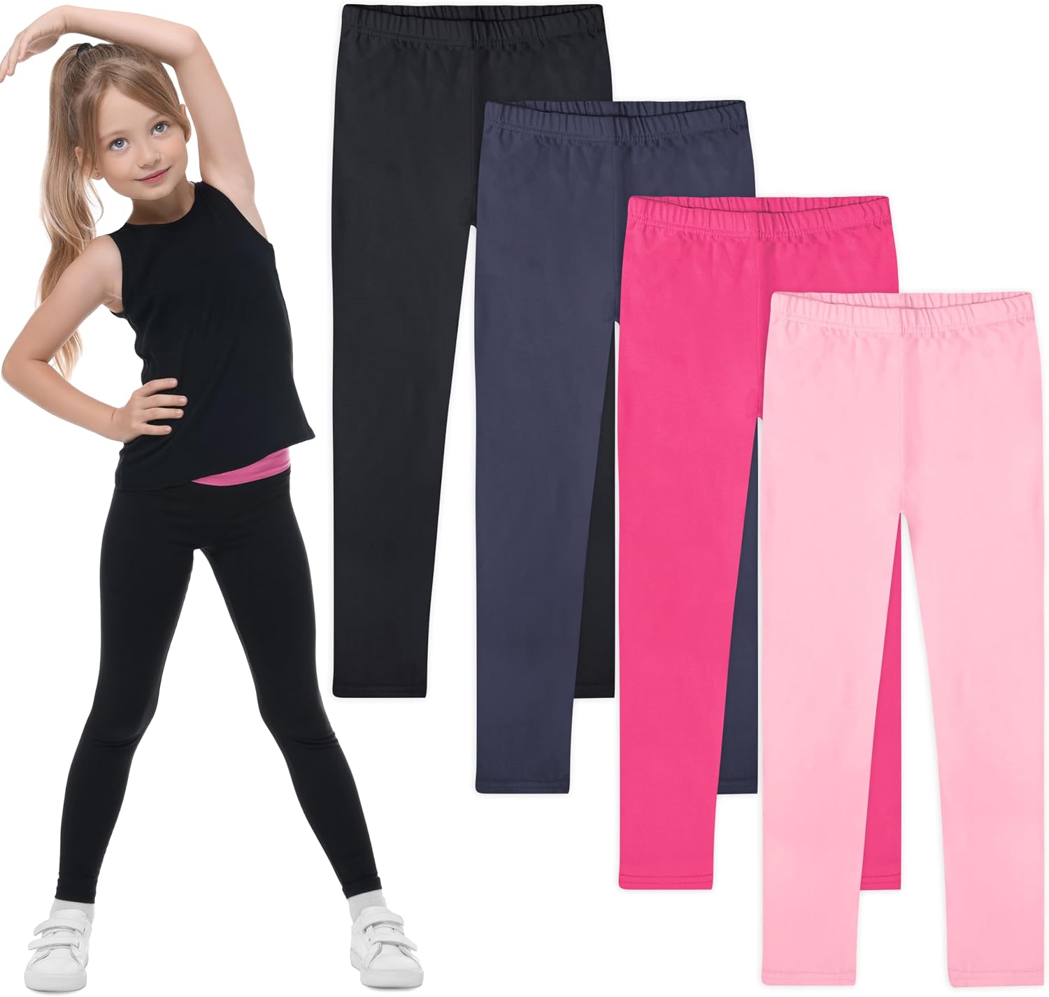 FEQO 4 Pack Girls Cotton Leggings Stretchy Full Length Tight Pants 4-12Y | Girls Basic Leggings, Cotton Stretchy Footless Tight Pants, Multicolors Soft Leggings Pack for Girls Daily Wear