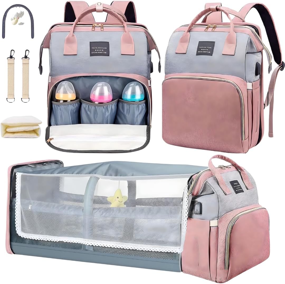 UR Choice Baby Diaper Bag With Changing Station, Travel Waterproof Diaper Bagpack For Mom Dad With USB Charging Port, Large Capacity & Multifunctional With Insulated Pacifier Case – Pink