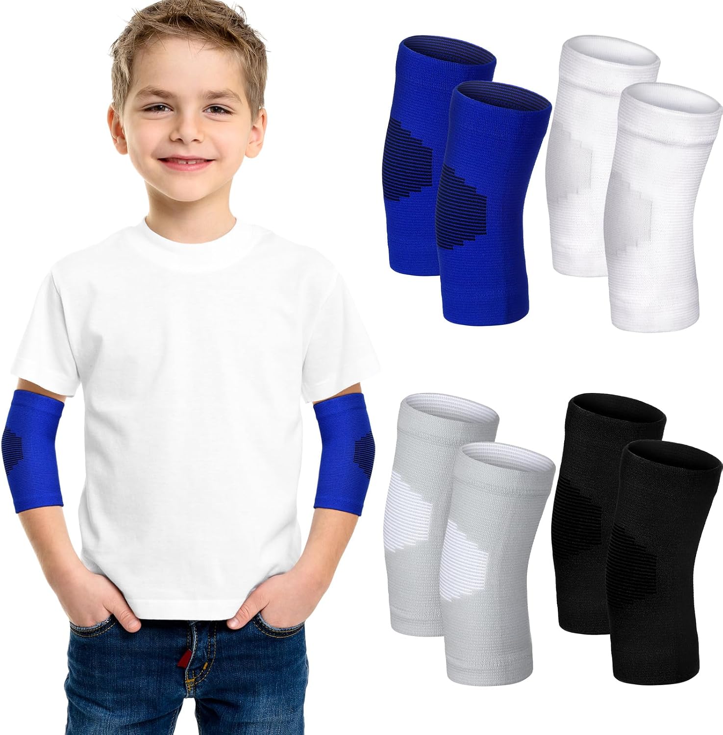 Lenwen 4 Pairs Kids Elbow Brace Compression Arm Elbow Sleeve Knit Guard Gym Protectors for Boys Teen Children Girls Basketball Volleyball Tennis Cycling (5-10 Years,Black, White, Blue, Gray)