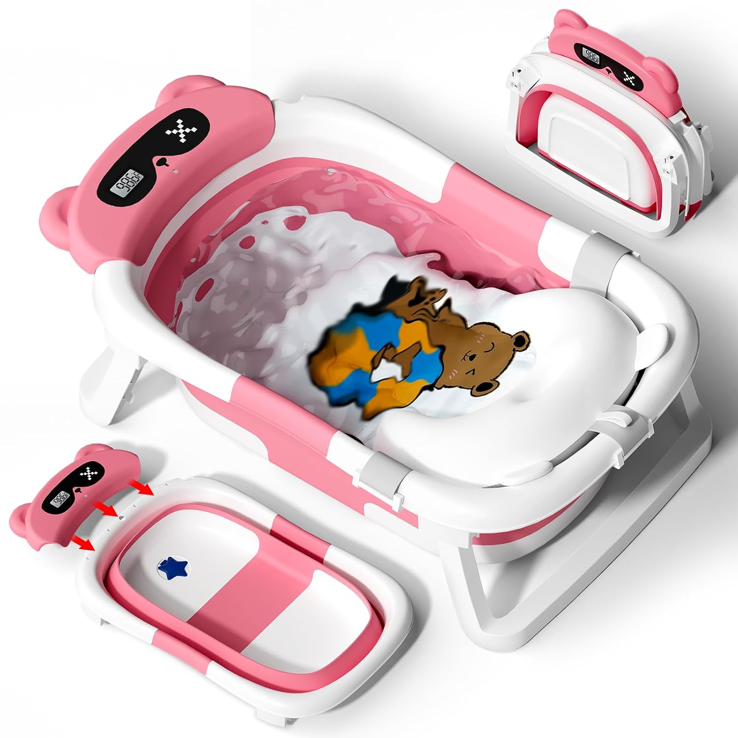 AVIDOR Baby Bathtub,Collapsible Bathtub for Newborn to Toddler,Durable Essential Infant Bath Tub,Portable Travel Baby Tub with Soft Cushion,No-Slip Hanging and Detachable(Rose Pink)