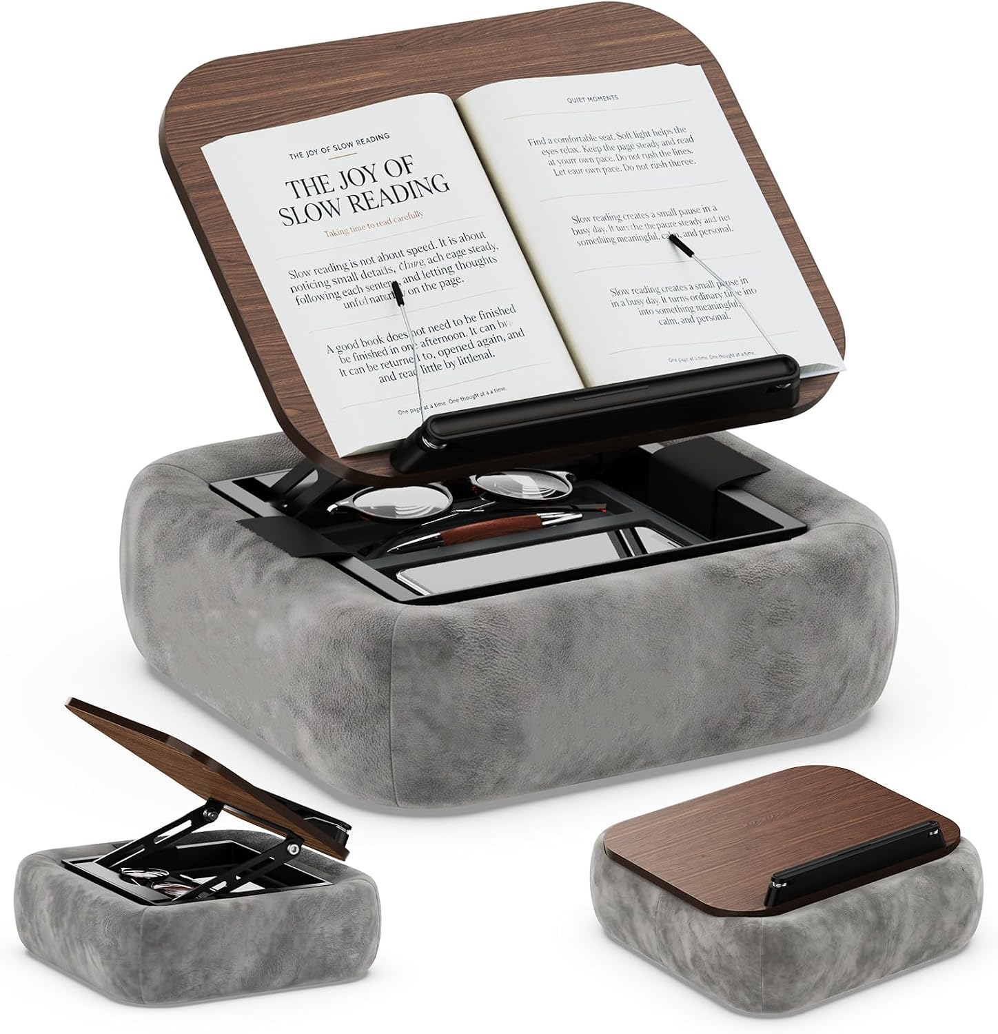 Lap Book Pillow Holder with Storage for Reading in Bed Adjustable Height | Beanbag Book Holder, Book Stand for Hands Free Reading, Tablet Holder for Sofa, Bed, Studying and Working