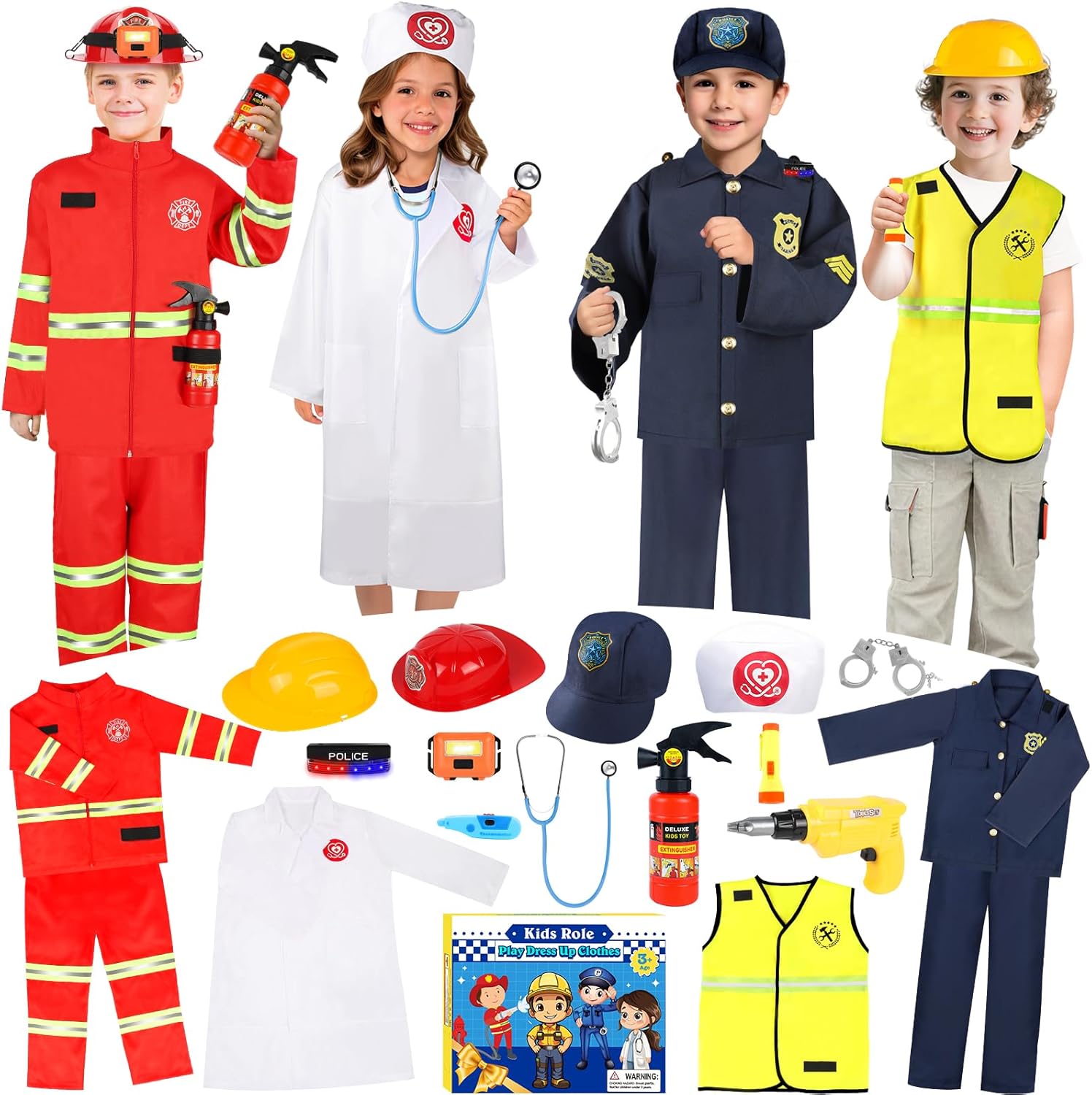 IVENRXIU Dress Up Clothes,4 In 1 Role Play Costumes for kids Ages 3–8 | Includes Police, Doctor,Fireman,Engineer for kids Career Pretend Play Toys For Party,Halloween Christmas Birthday Gifts