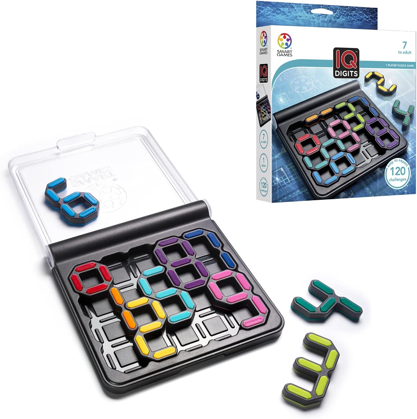 SmartGames IQ Digits – Compact Travel Logic Game with 120 Number Challenges, Math & Puzzle Brain Teaser for Kids & Adults, STEM Toy for Ages 7+, Portable Educational Game