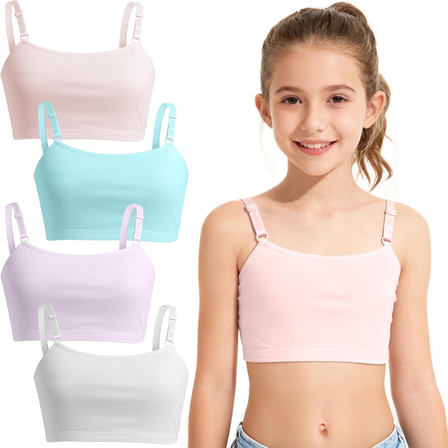 Girls Training Bra, Soft Cotton Cami Bralette, 3-6 Pack, Double Layer Design, No Pads