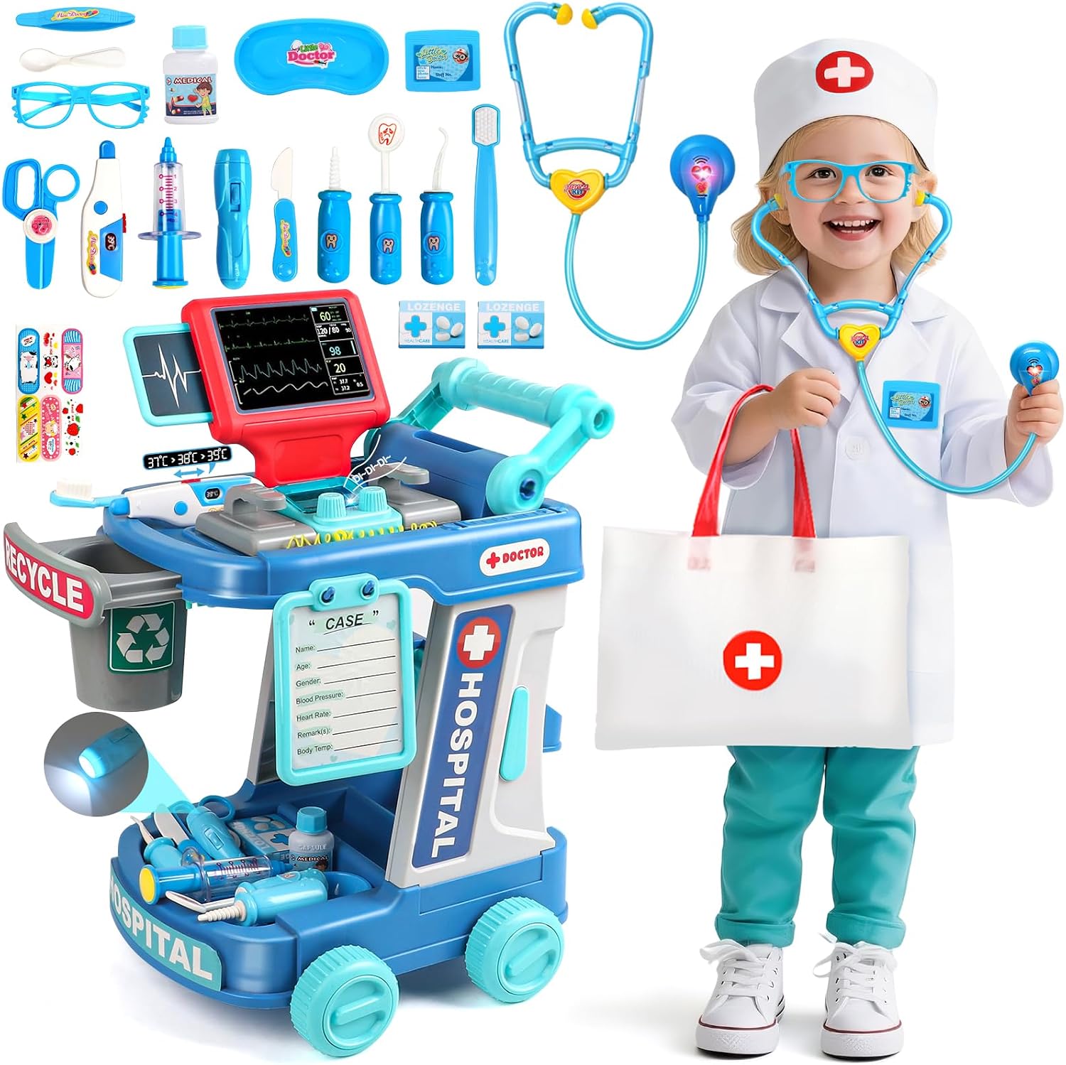 Fajiabao Doctor Kit for Toddlers 3-5 with Medical Cart Costume Stethoscope | Realistic Tools with Sounds & Lights Kids Doctors Play Set for Interactive Pretend Play Birthday Gifts for Boys Girls 27PCS