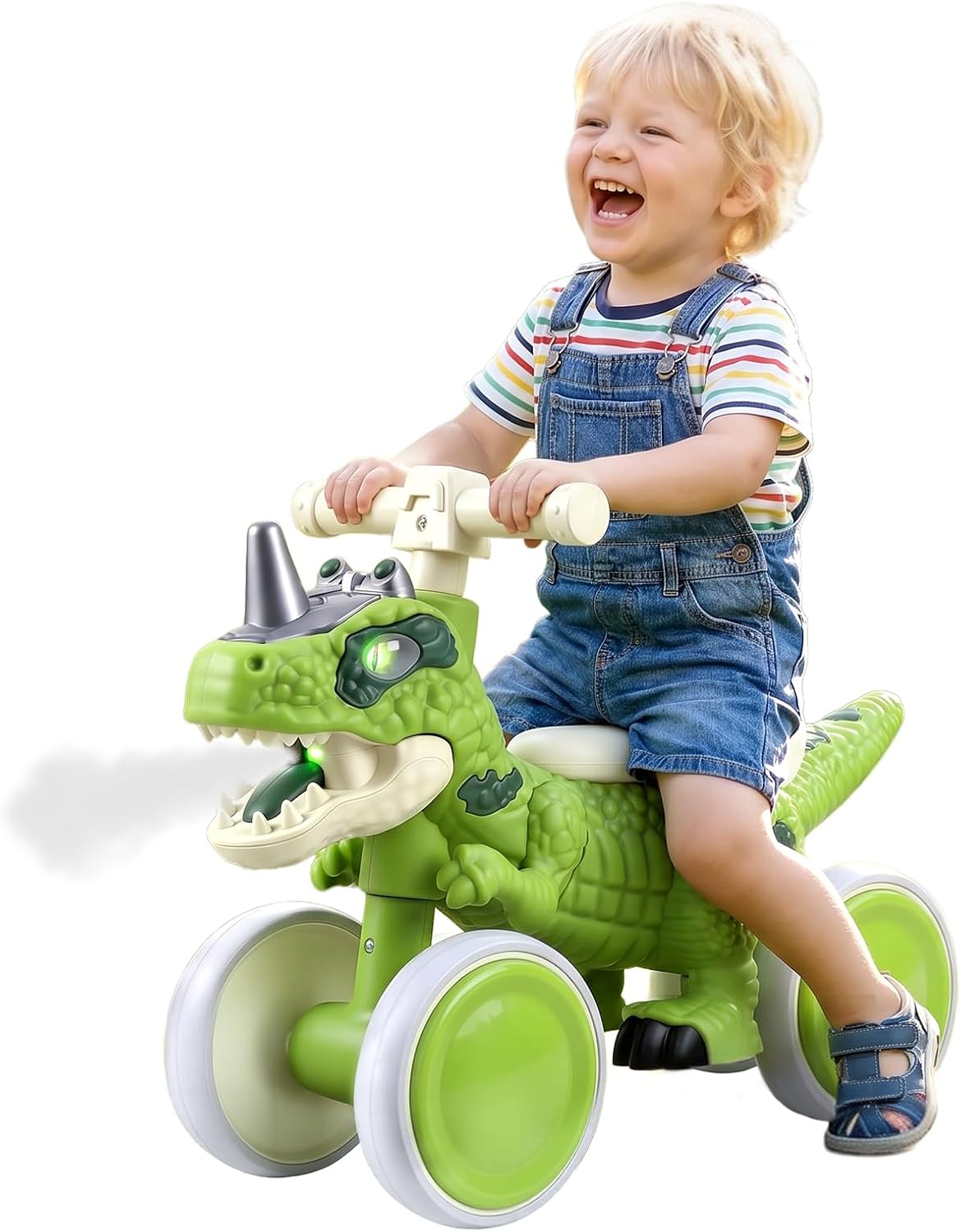 Dinosaur Balance Bike for 1-3 Year Olds, Toddler Training Bike | with Music & Mist Spray, 4-Wheel No-Pedal First Bikes, Indoor/Outdoor Ride-On Toy, Birthday Gifts for Boys & Girls Green