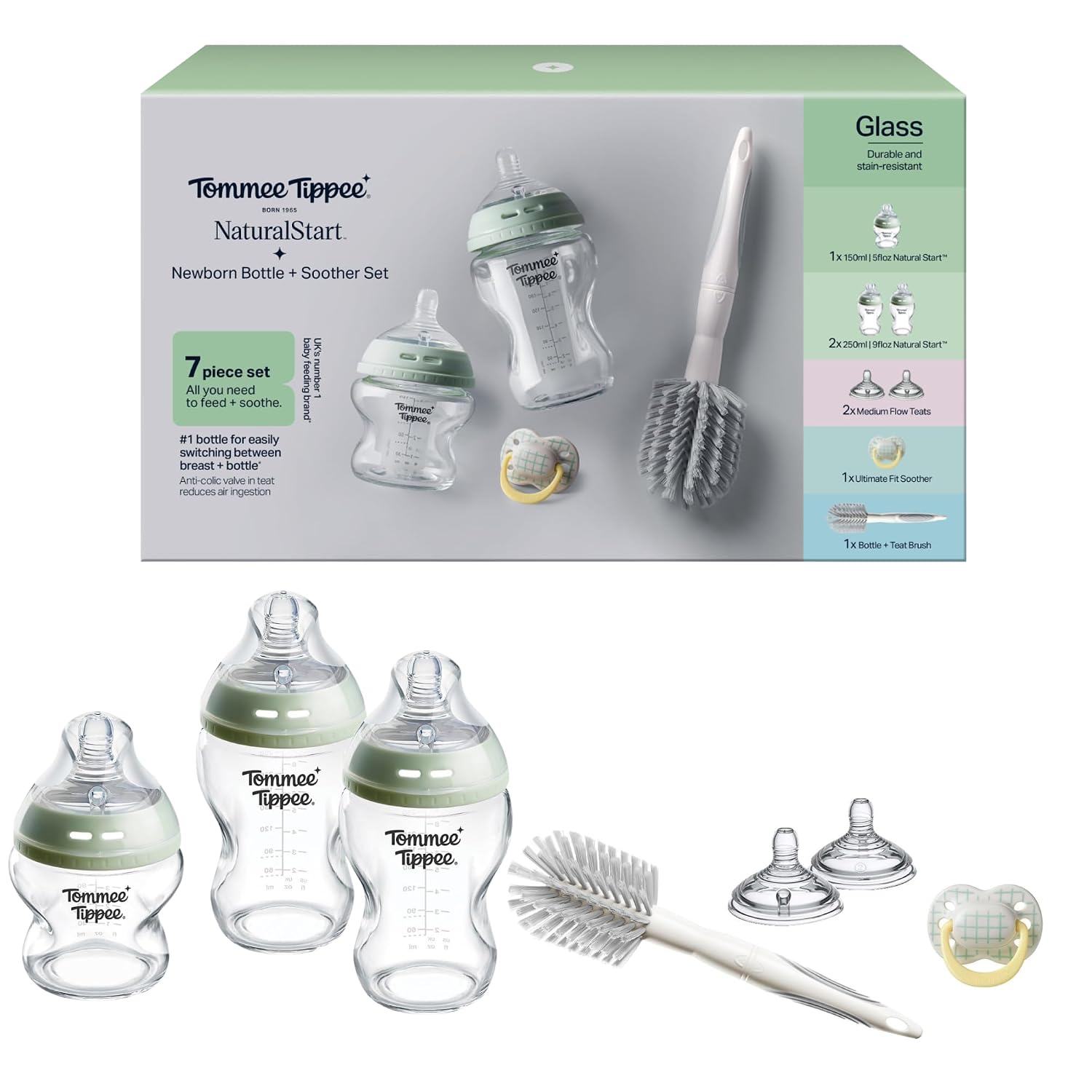 Tommee Tippee Natural Start Glass Newborn Starter Set, Anti-Colic, 0m+ | 5oz/150ml & 8.5oz/250ml Bottles, Slow & Medium Flow Breast-Like Nipples, Self-Sterilizing
