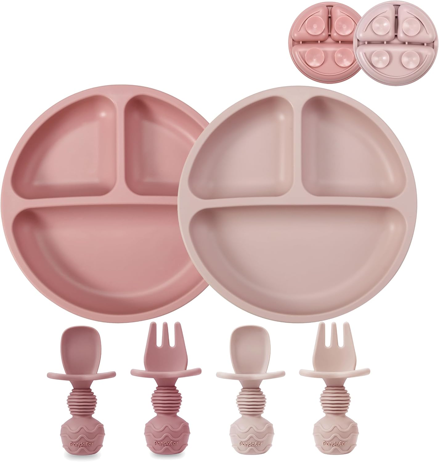 PandaEar 2 Pack Toddler Divided Suction Plates with 2 Spoons 2 Forks for Babies | Silicone Baby Led Weaning Supplies Self Feeding Eating Utensils | BPA-Free Baby Feeding Set – Pink