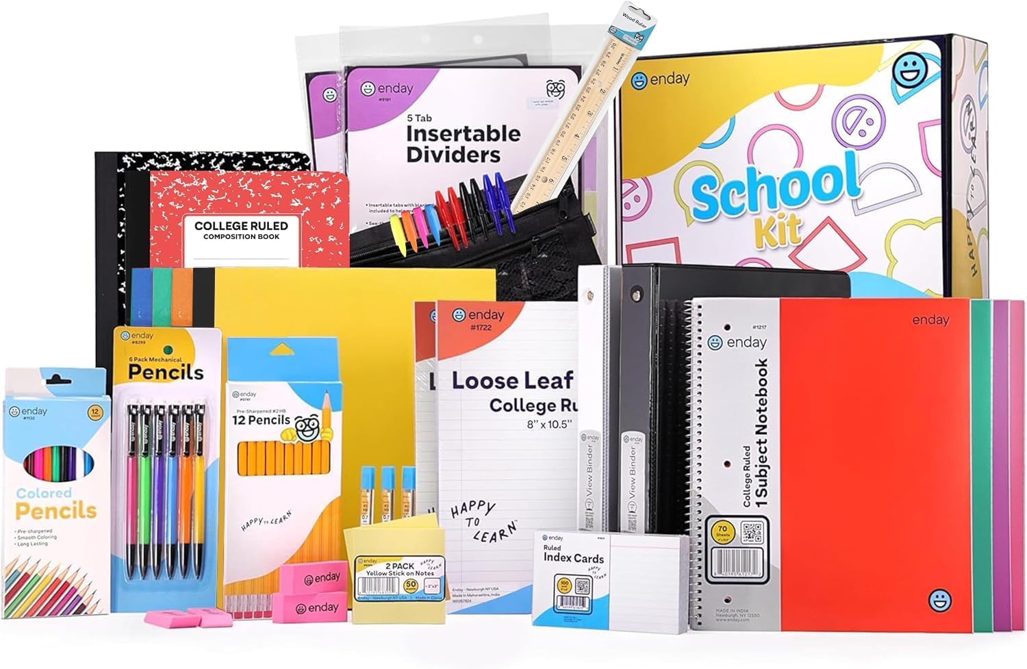 Enday Back to School Supplies High School Kit -87 Piece School Supplies Box | With Composition Notebooks, Spirals, Binders, Folders, Pens, Pencils, Tab Dividers, Filler Paper, Pencil Pouch and More
