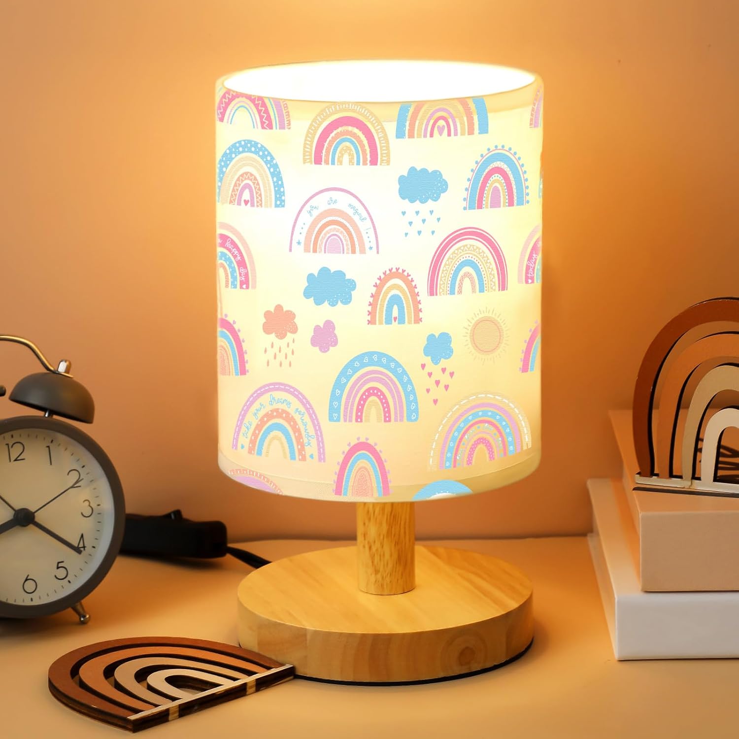 Rainbow Kids Table Lamp for Bedroom Kids Lamps for Girls Room | Cartoon Lampshade for Girls Nursery, Linen Fabric with Wooden Base, Soft Warm Light for Kids Bedside Reading and Decor