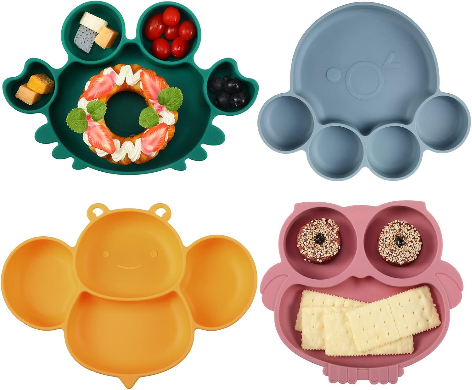 4 Pcs Silicone Baby Plates Toddler Suction Plates Divided Baby Dishes Cute Animal Kids Plates for Toddlers Baby Feeding Eating Supplies, Microwave and Dishwasher Safe (Multi Colors,Cute)