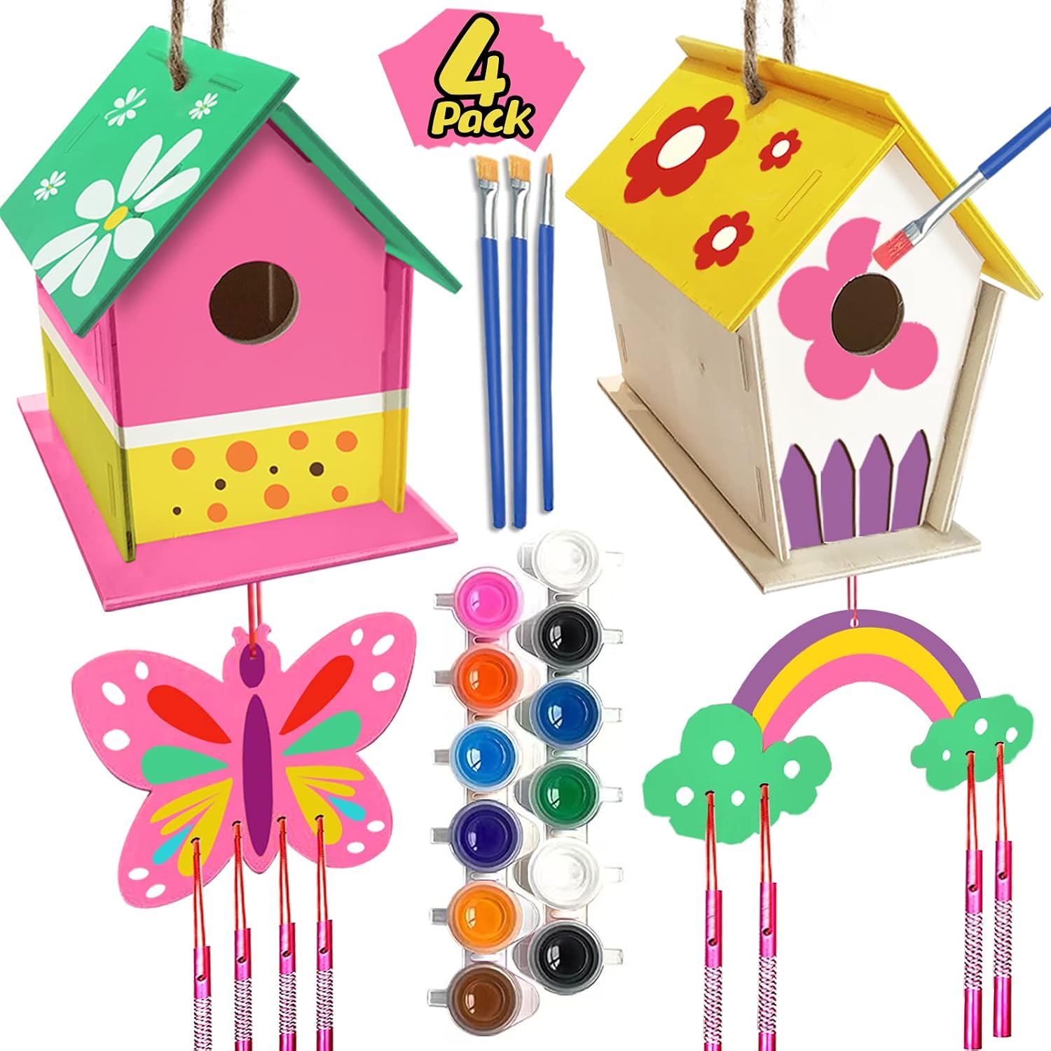 4 Pack DIY Bird House Wind Chime Kit for Crafts for Kids Ages 4-8 | Build and Paint Birdhouses Wooden Arts Kits Easter Basket Stuffers Gifts for Girls Kids Boys Toddlers Ages 3-5 4-6 6-8 8-12