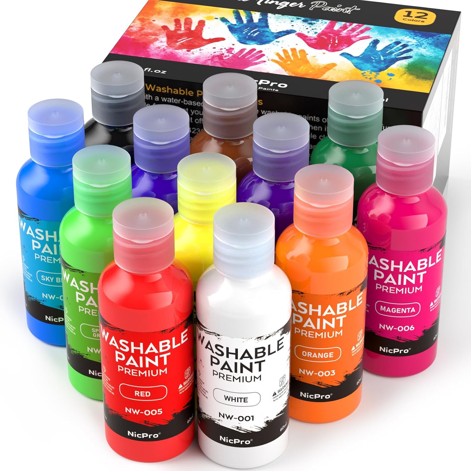 Nicpro 12 Colors Washable Finger Paint Set for Toddlers (2 oz), Non-Toxic | Baby Safe Paint for Hand and Feet, Mess Free Finger Painting Art Supplies for Kids Age 1-3 4 5 6+, Preschool Learning Gifts