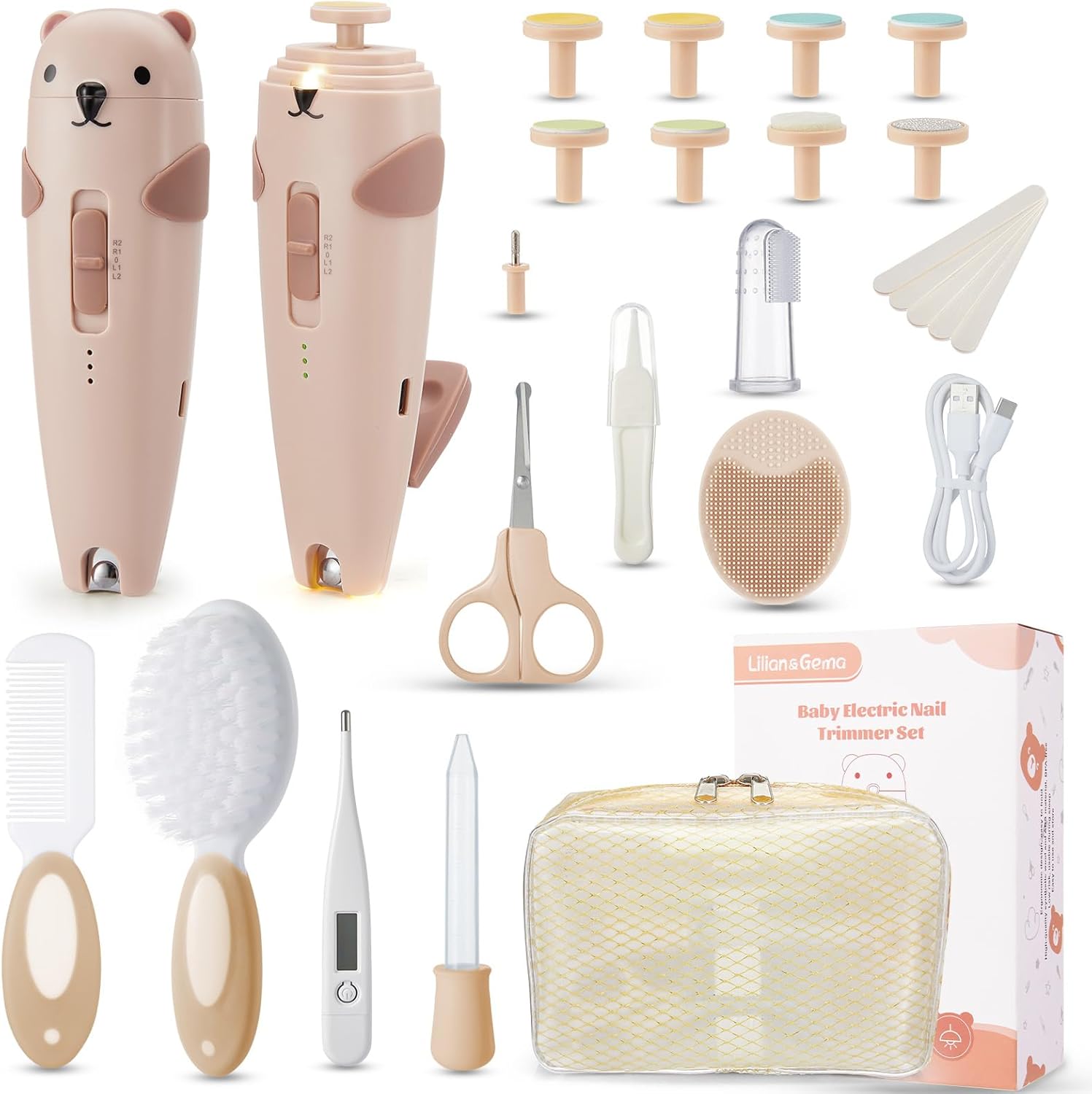 Lilian&Gema Baby Healthcare and Grooming Kit, 28-in-1 Electric Nail Trimmer | Dual Auto Light, Rechargeable Baby Nail Care Kit, Portable Newborn Nursery Health Care Set for Infant Toddlers Boy Girl