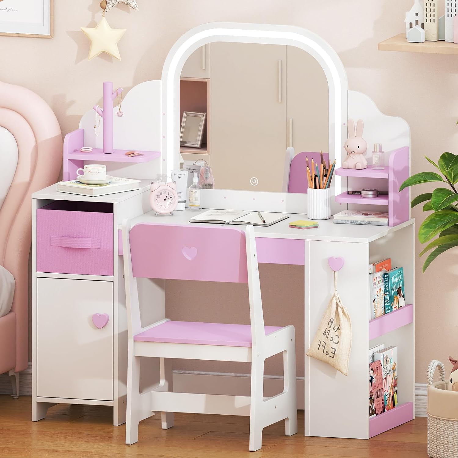 Frogprin Kids Vanity with Lights and Chair, Princess Makeup Vanity Desk with Mirror Bookshelf Storage Cabinet,3 in 1 Toddler Vanity Table Makeup Dressing Table, Pretend Play Vanity Set for Little Girl
