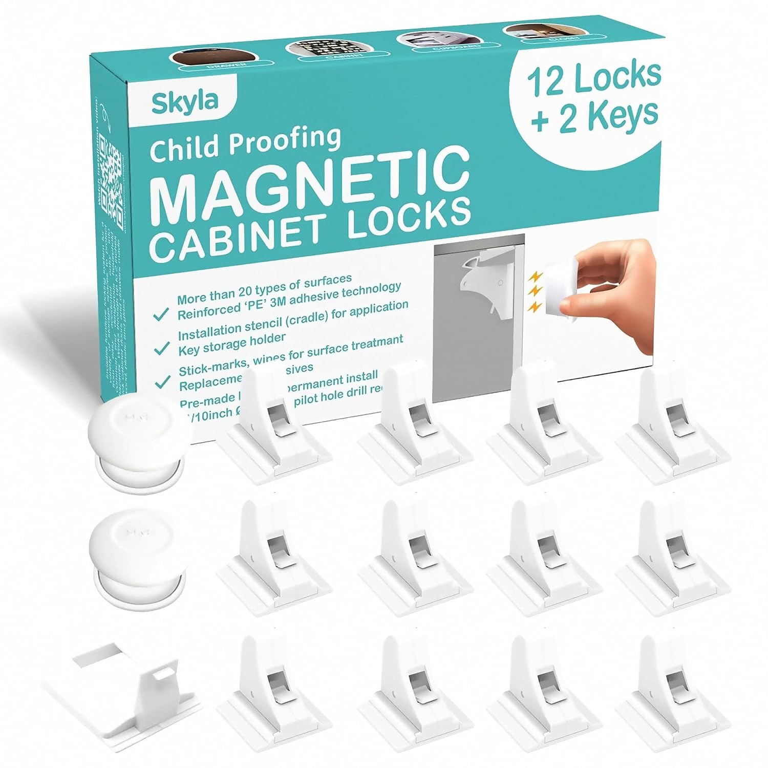 SKYLA HOMES Child Safety Magnetic Cabinet Locks, White, 12 Pack | Hidden ABS magnetic latches install inside cupboard doors and drawers with adhesive; no screws or tools needed